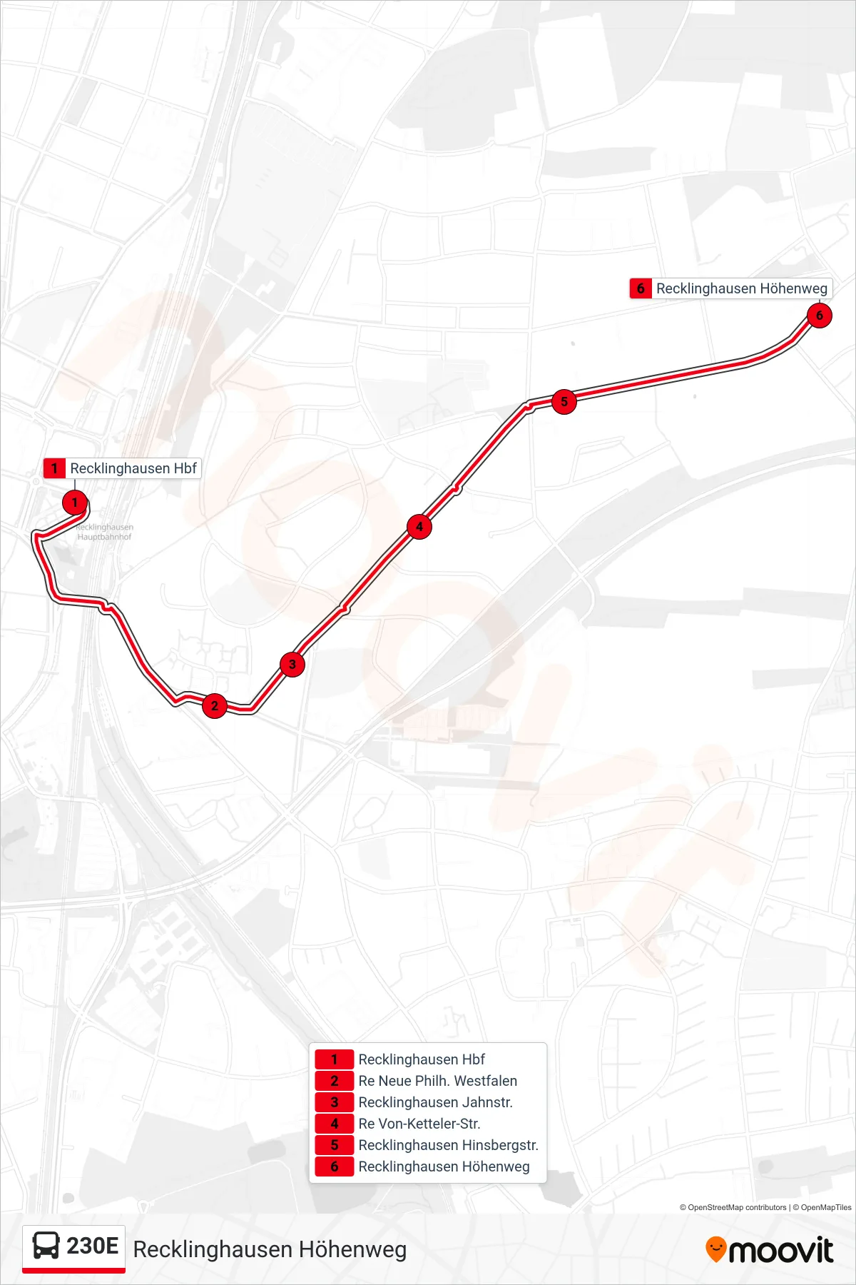 Linie 230E (Bus) Richtung Recklinghausen Höhenweg: Route und Haltestellen auf der Karte