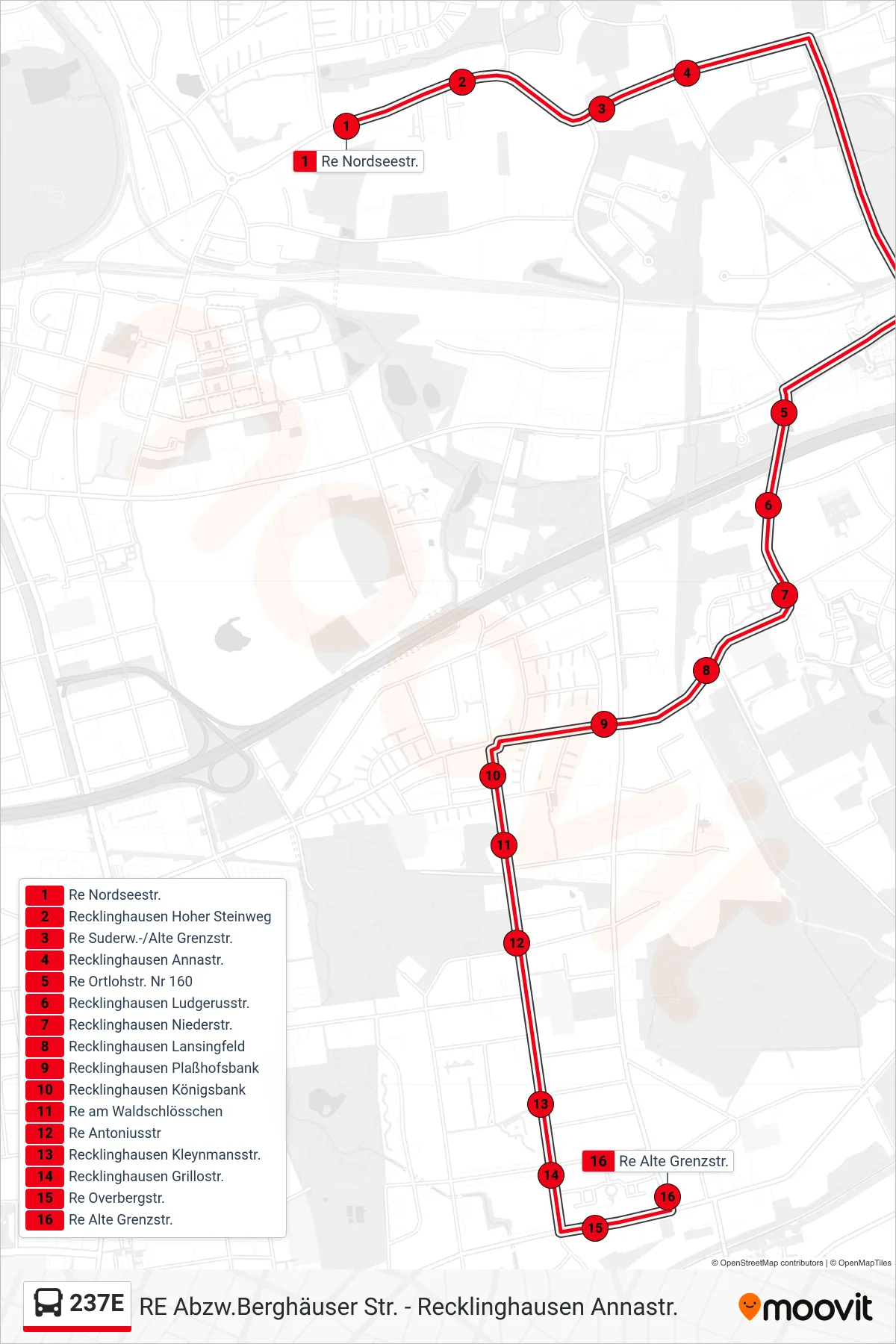 Linie 237E (Bus) Richtung Re Alte Grenzstr.: Route und Haltestellen auf der Karte