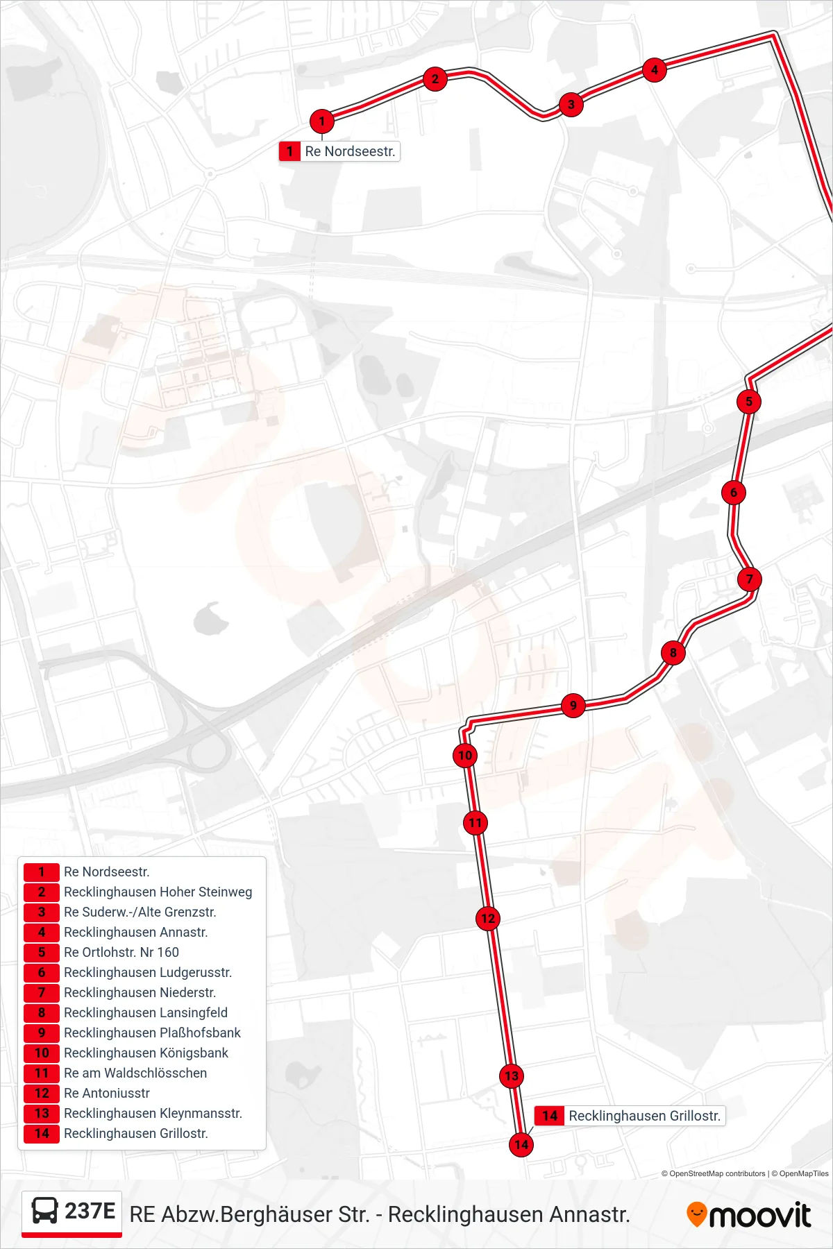 237E bus Line (Recklinghausen Grillostr.) route and stops on a map