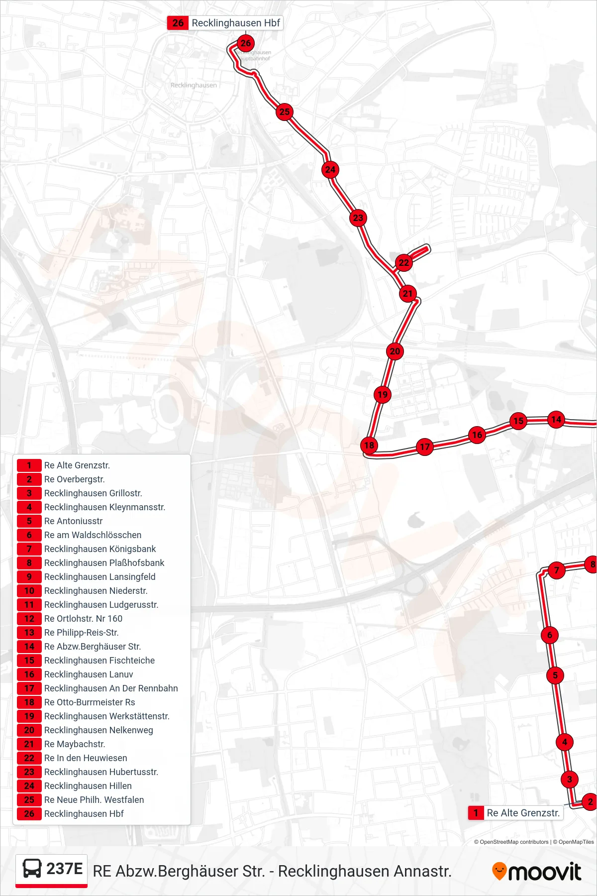 237E bus Line (Recklinghausen Hbf) route and stops on a map