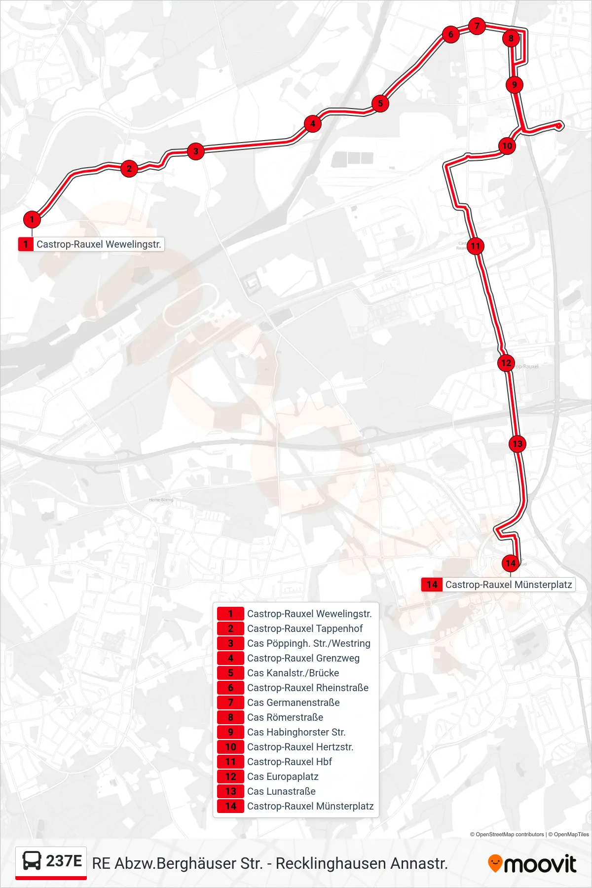 Linie 237E (Bus) Richtung Castrop-Rauxel Münsterplatz: Route und Haltestellen auf der Karte