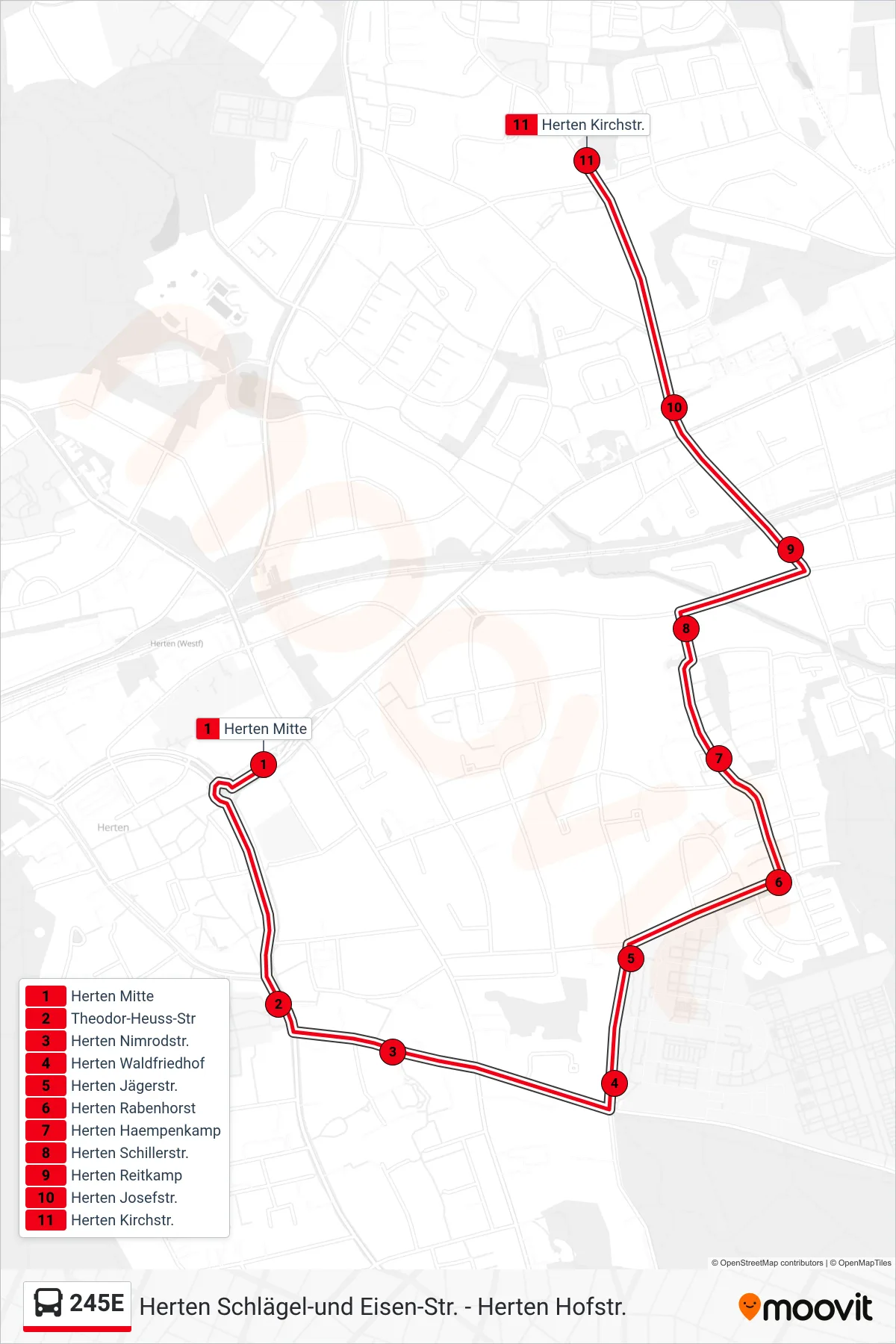 Linie 245E (Bus) Richtung Herten Kirchstr.: Route und Haltestellen auf der Karte