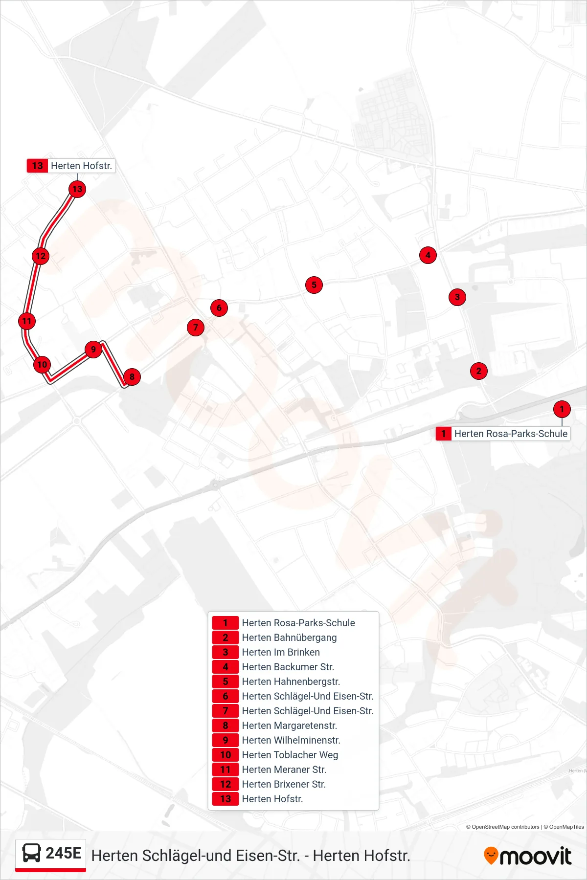 Linie 245E (Bus) Richtung Herten Hofstr.: Route und Haltestellen auf der Karte