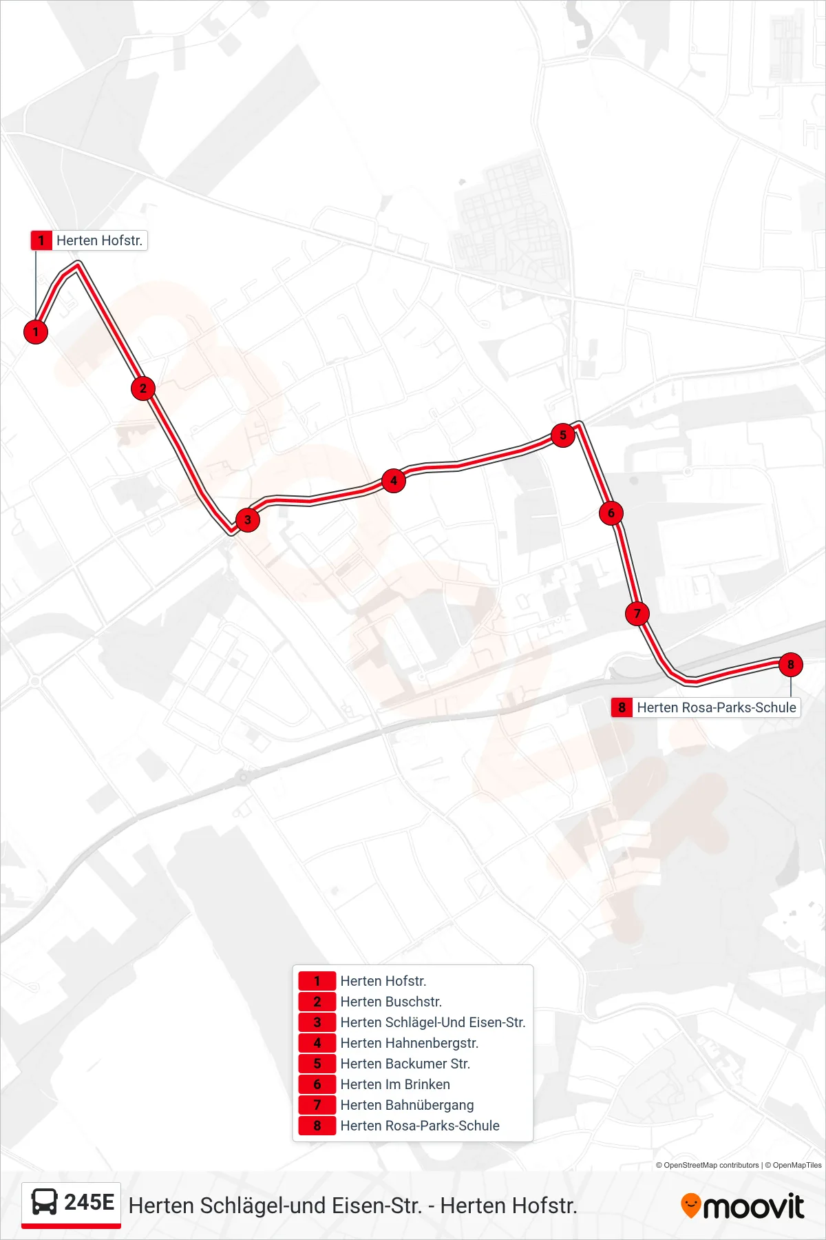 Linie 245E (Bus) Richtung Herten Rosa-Parks-Schule: Route und Haltestellen auf der Karte