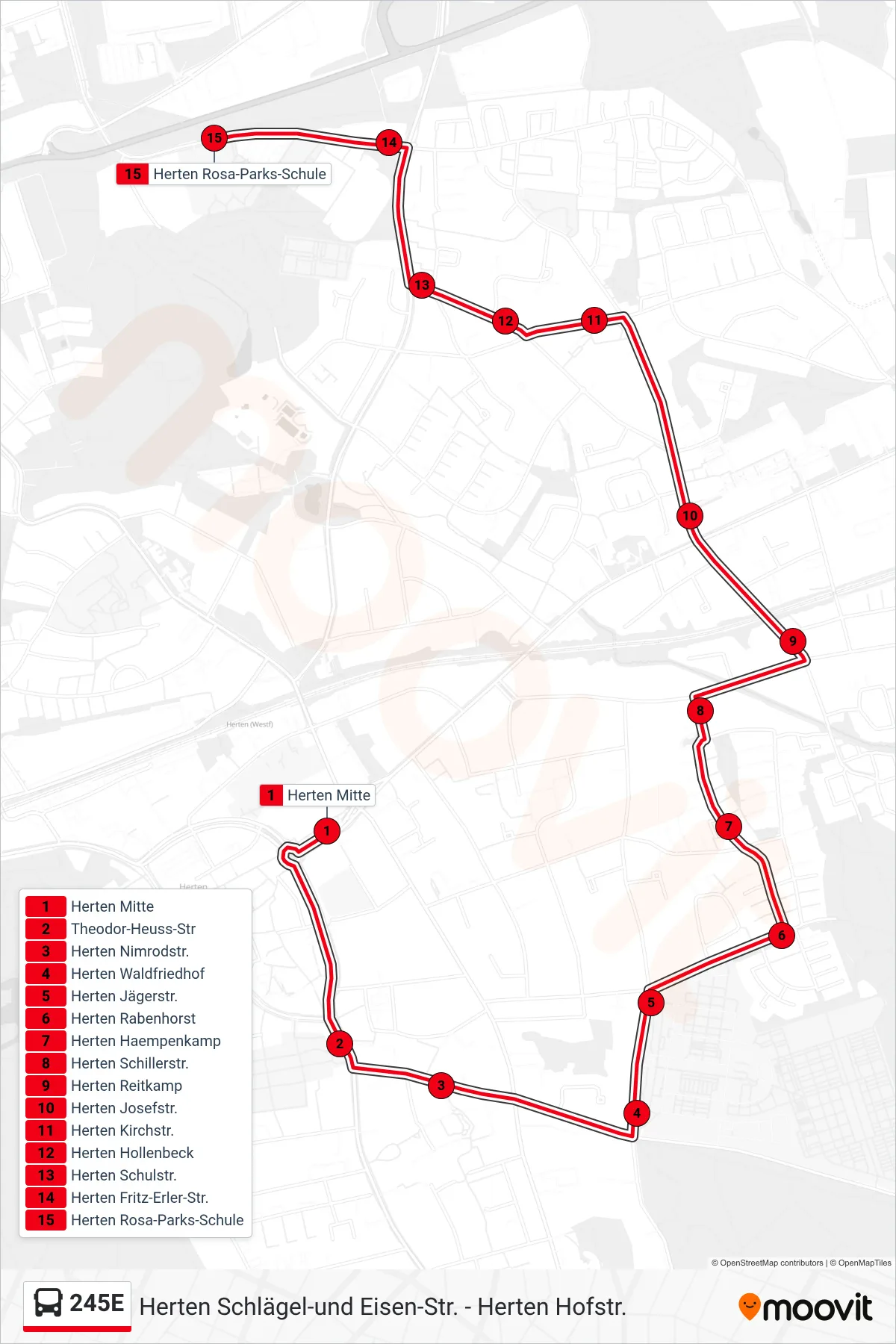 Linie 245E (Bus) Richtung Herten Rosa-Parks-Schule: Route und Haltestellen auf der Karte