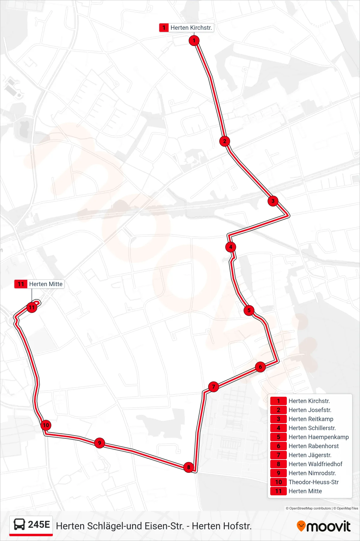 Linie 245E (Bus) Richtung Herten Mitte: Route und Haltestellen auf der Karte