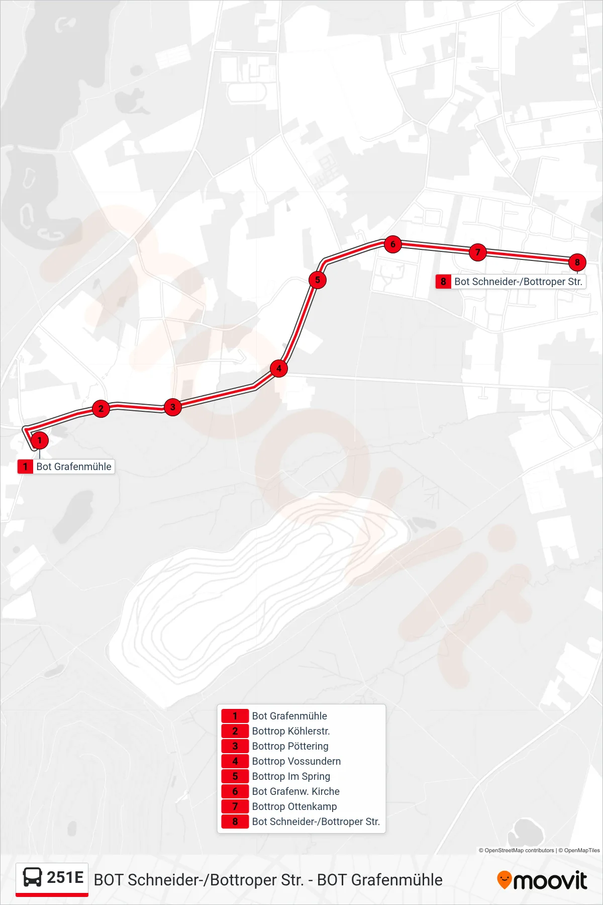 Linie 251E (Bus) Richtung Bot Schneider-/Bottroper Str.: Route und Haltestellen auf der Karte