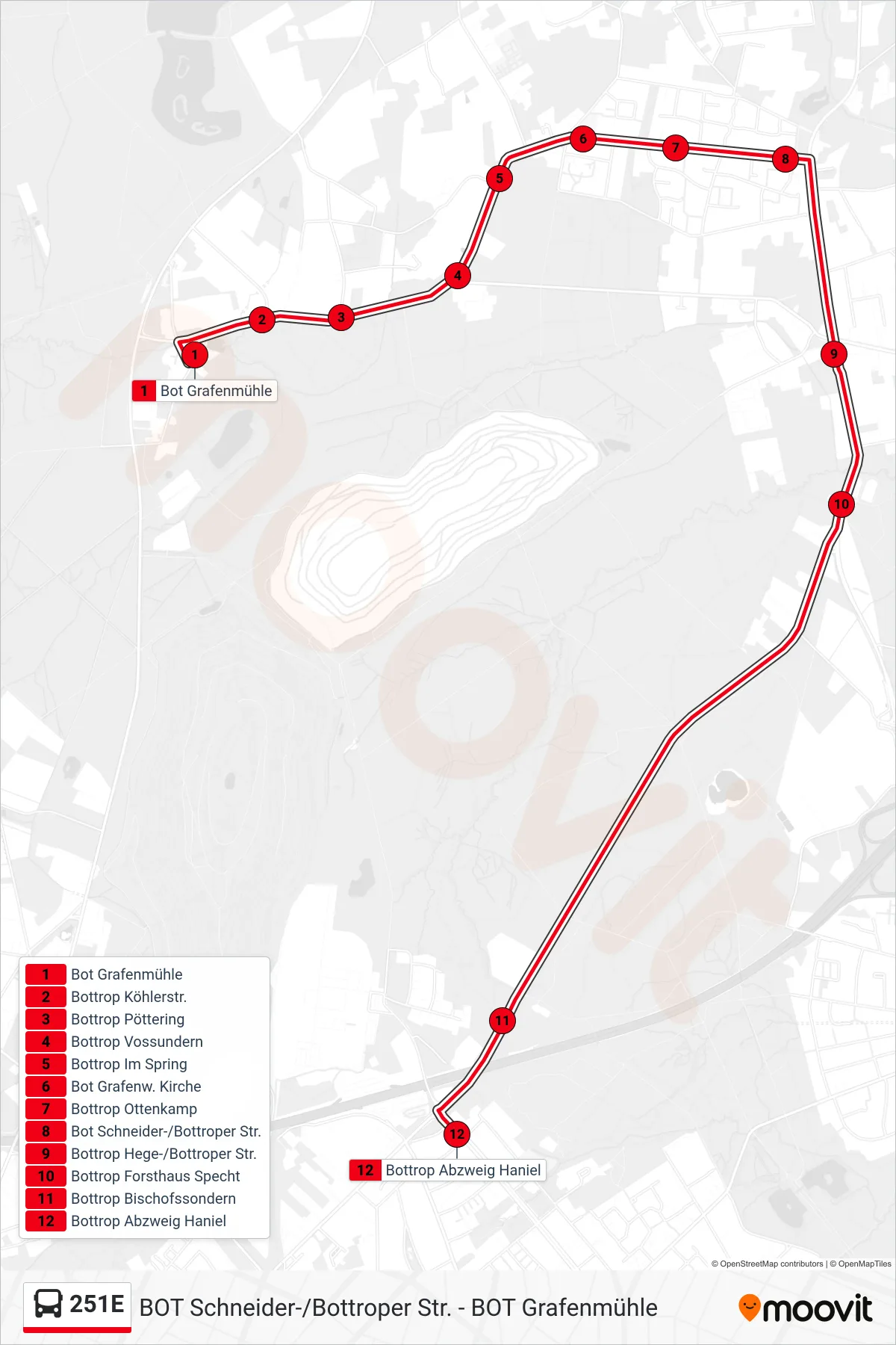 Linie 251E (Bus) Richtung Bottrop Abzweig Haniel: Route und Haltestellen auf der Karte