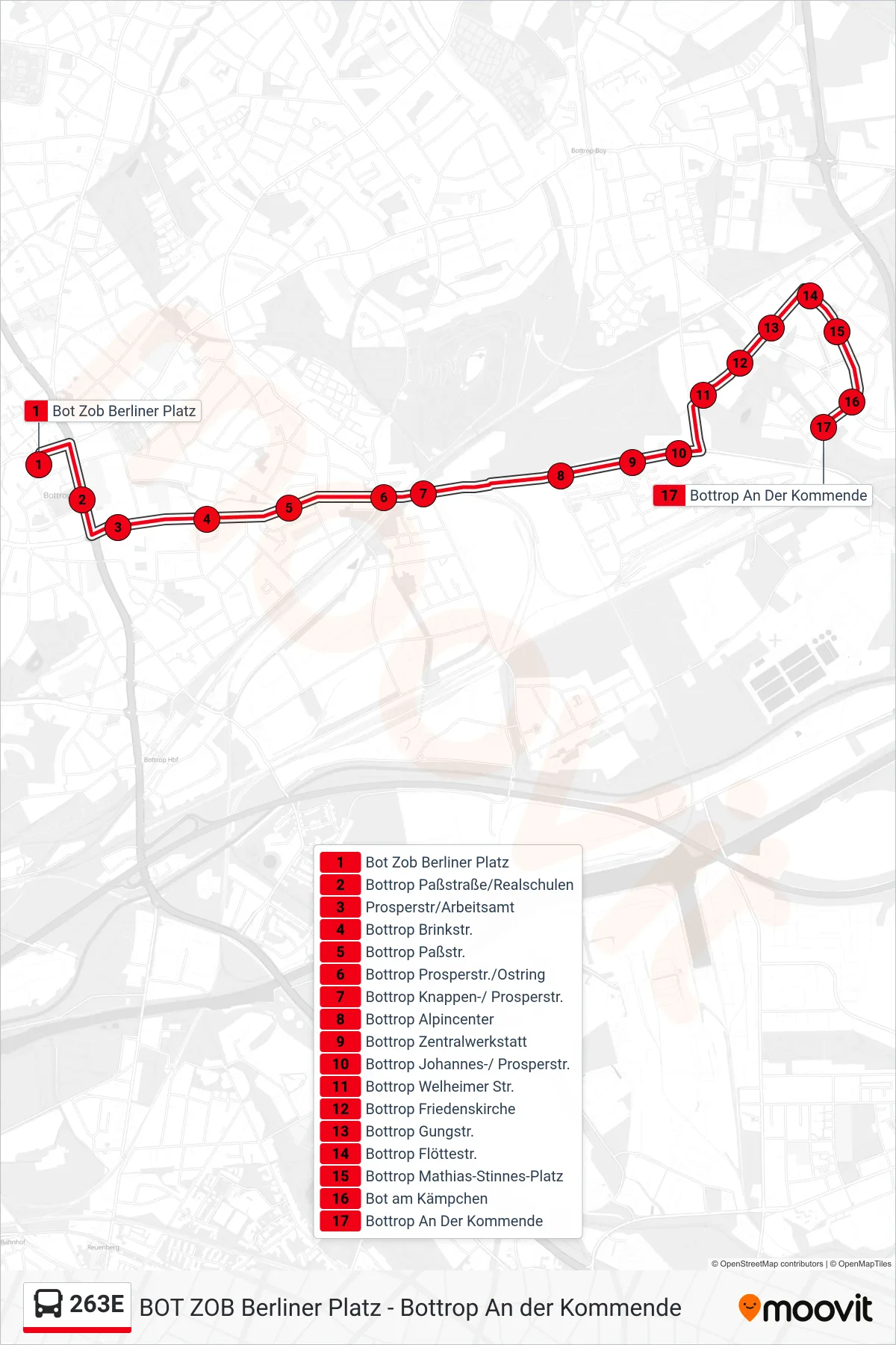 Linie 263E (Bus) Richtung Bottrop An Der Kommende: Route und Haltestellen auf der Karte