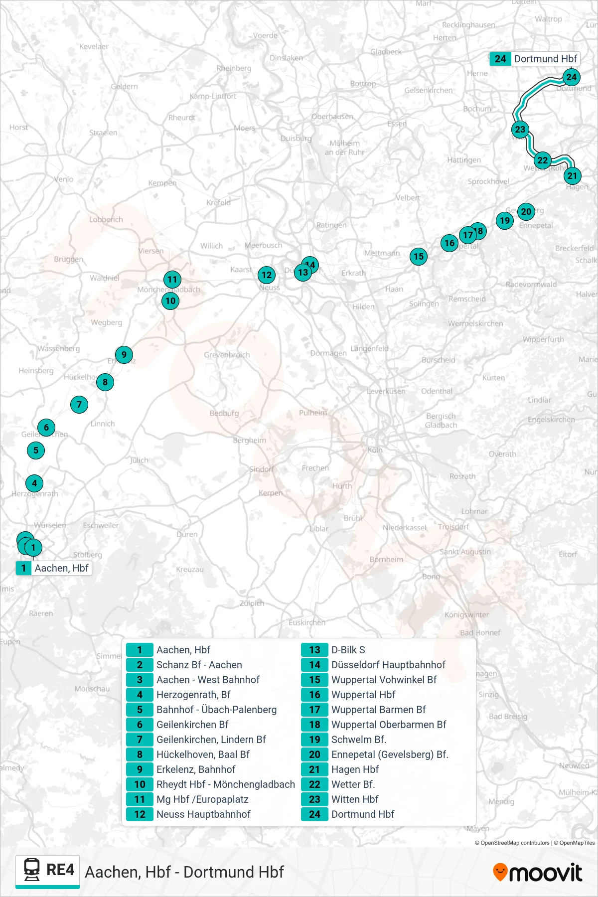 Linie RE4 (Bahn) Richtung Dortmund Hbf: Route und Haltestellen auf der Karte