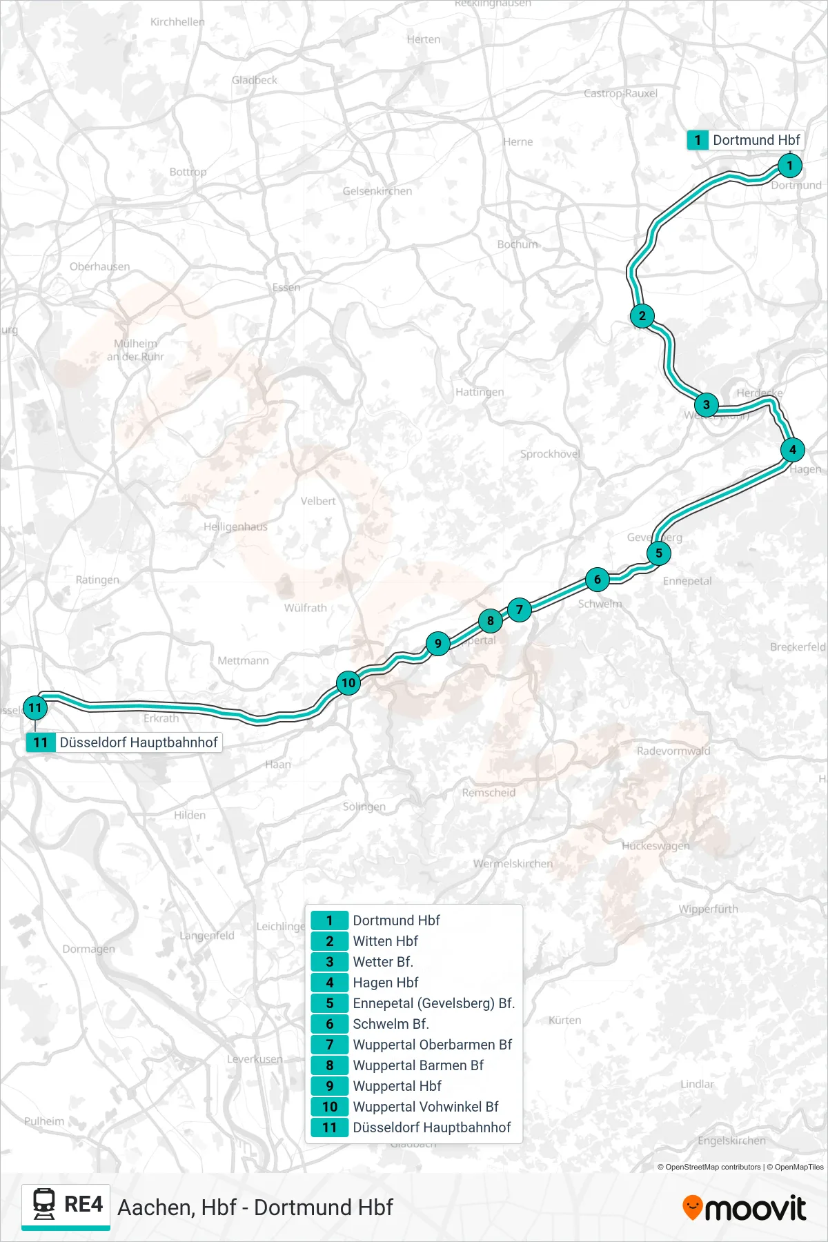 Linie RE4 (Bahn) Richtung Düsseldorf Hbf: Route und Haltestellen auf der Karte