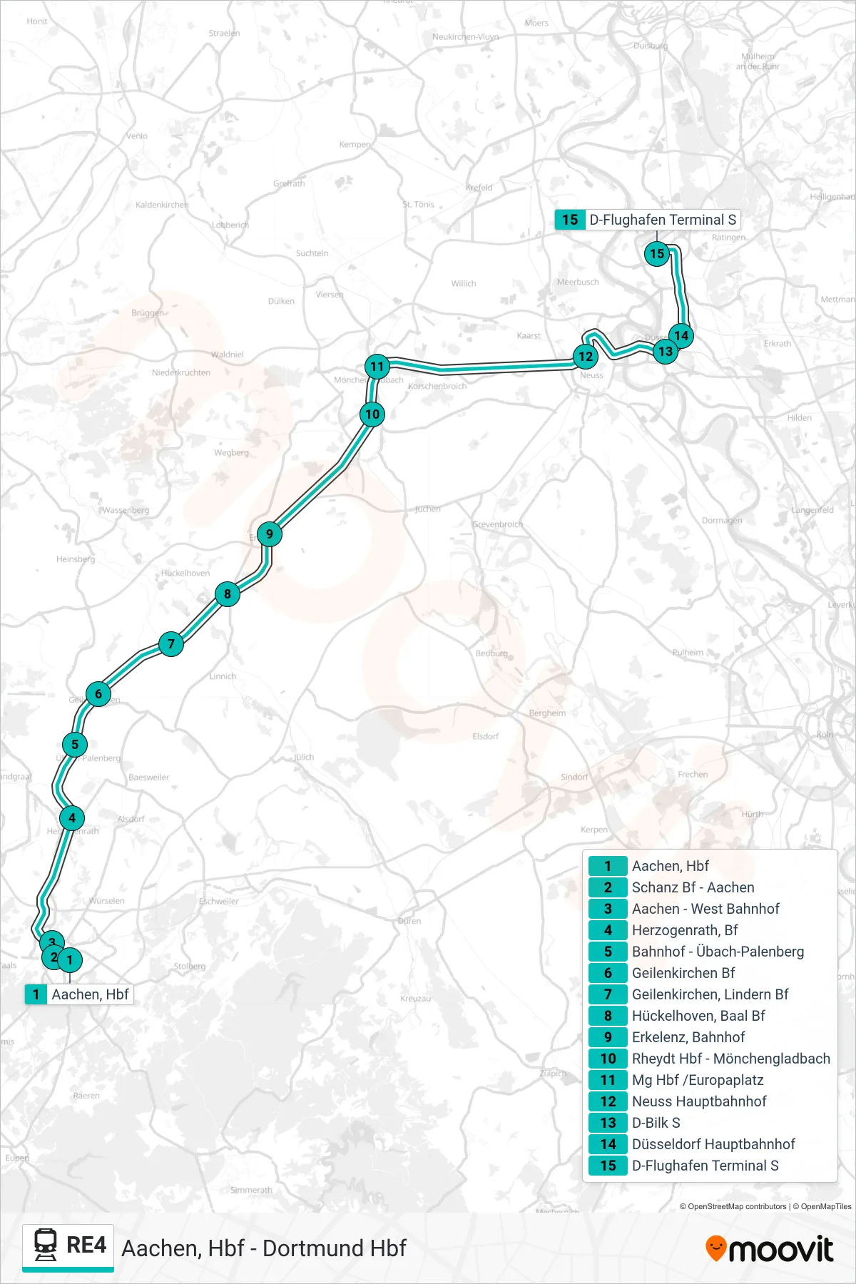 Linie RE4 (Bahn) Richtung D-Flughafen Terminal S: Route und Haltestellen auf der Karte