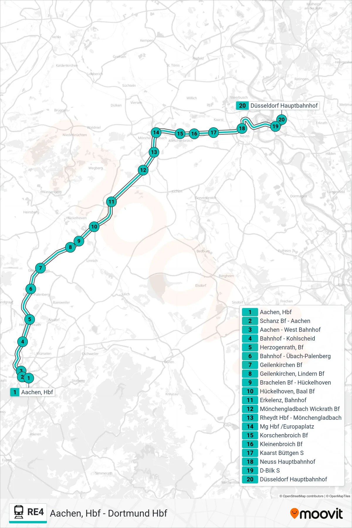Linie RE4 (Bahn) Richtung Düsseldorf Hbf: Route und Haltestellen auf der Karte