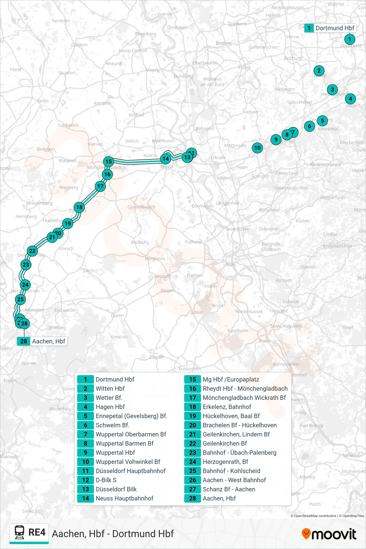 Linie RE4 (Bahn) Richtung Aachen, Hbf: Route und Haltestellen auf der Karte