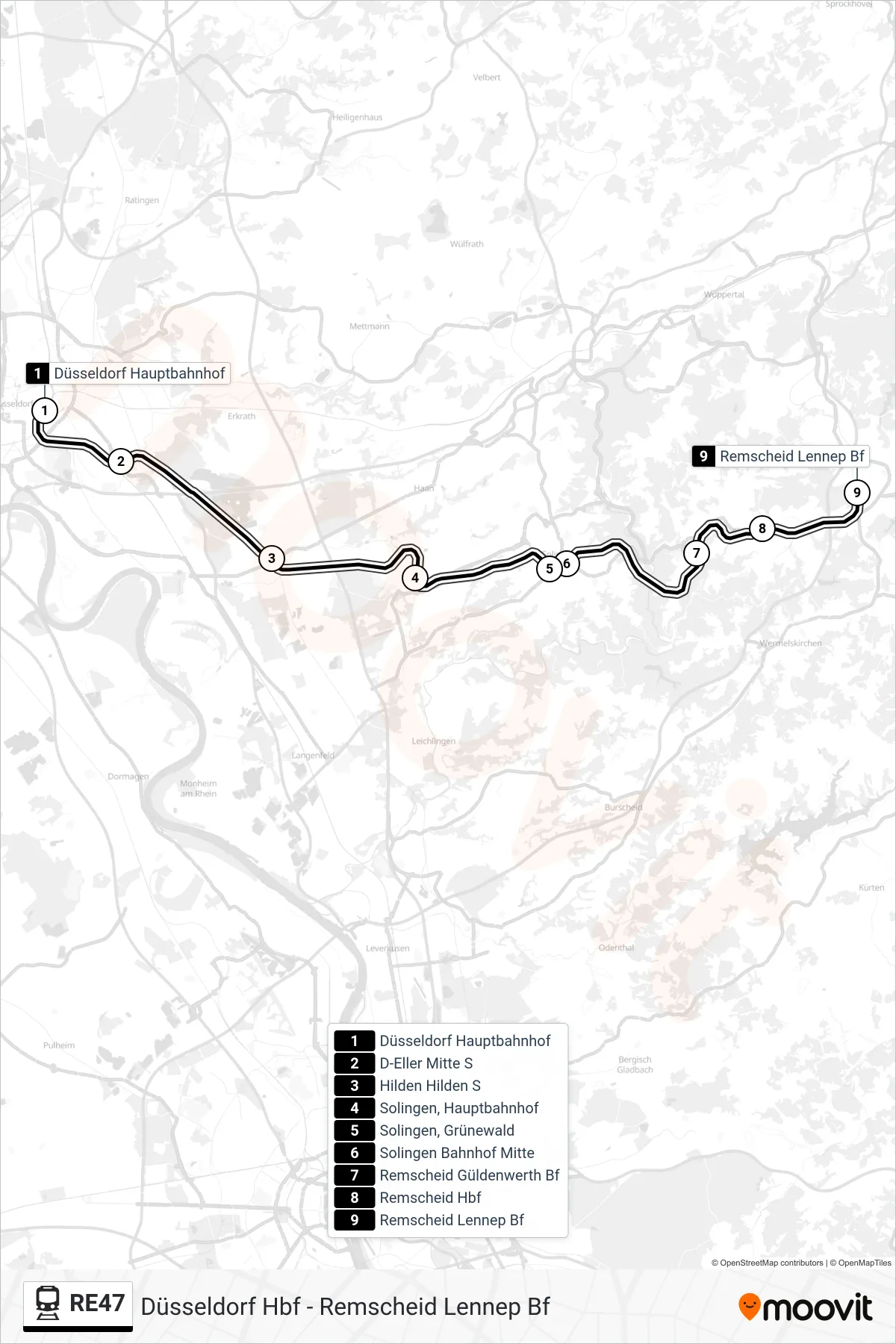 RE47 train Line (Remscheid Lennep Bf) route and stops on a map
