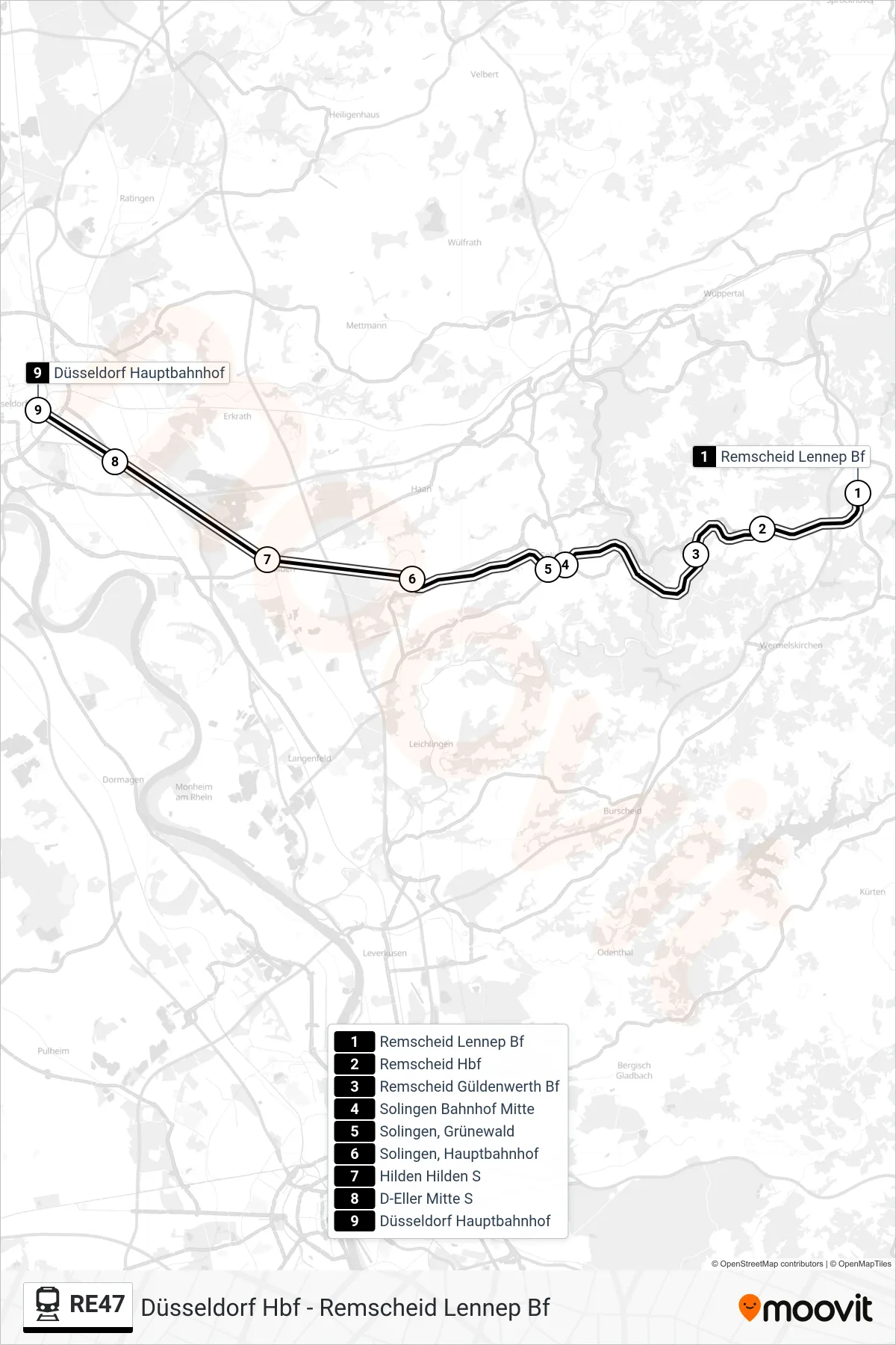 Linie RE47 (Bahn) Richtung Düsseldorf Hbf: Route und Haltestellen auf der Karte