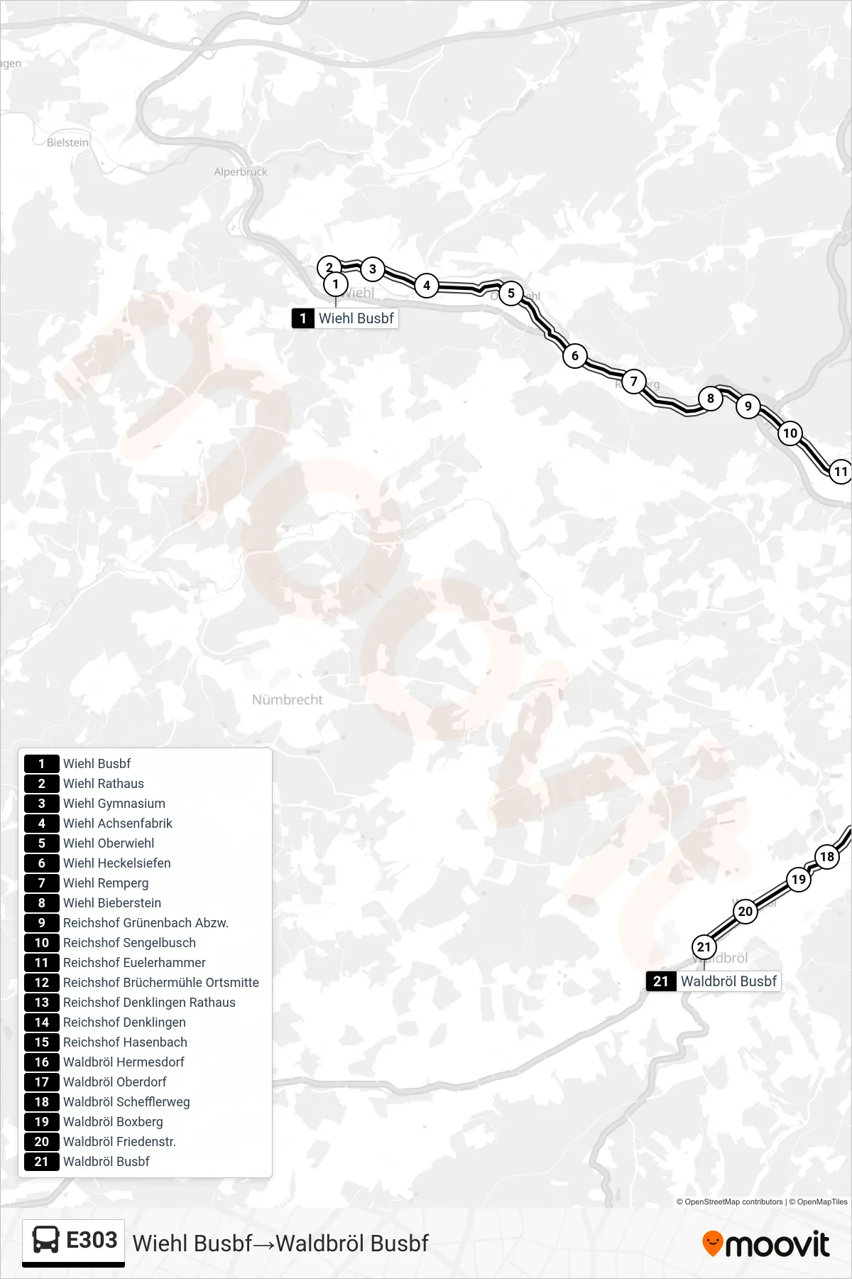 Linie E303 (Bus) Richtung Wiehl Busbf→Waldbröl Busbf: Route und Haltestellen auf der Karte