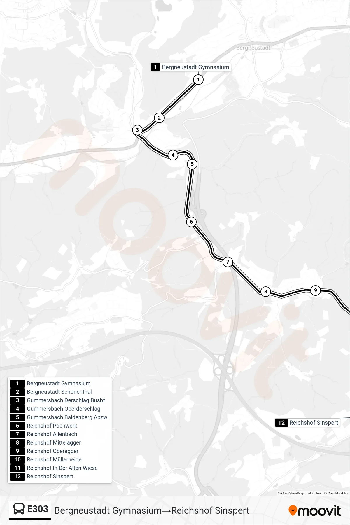 Linie E303 (Bus) Richtung Bergneustadt Gymnasium→Reichshof Sinspert: Route und Haltestellen auf der Karte