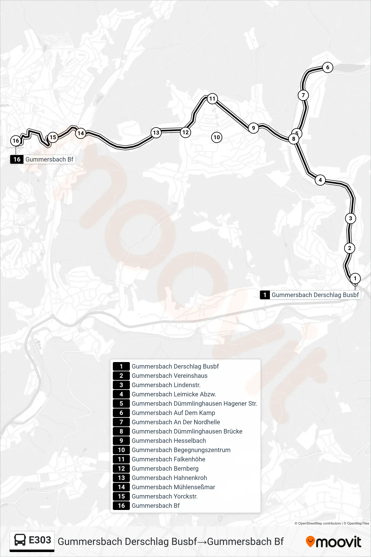 Linie E303 (Bus) Richtung Gummersbach Derschlag Busbf‎→Gummersbach Bf: Route und Haltestellen auf der Karte