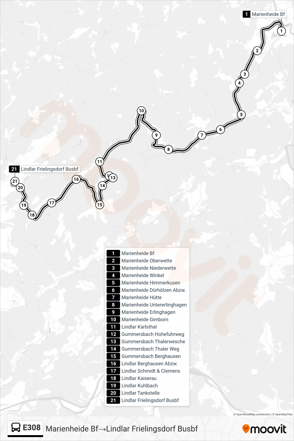 Linie E308 (Bus) Richtung Marienheide Bf→Lindlar Frielingsdorf Busbf: Route und Haltestellen auf der Karte