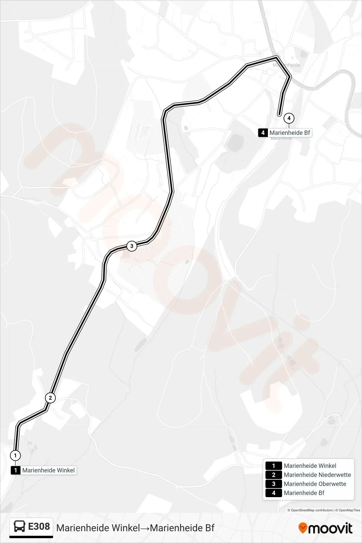 Linie E308 (Bus) Richtung Marienheide Winkel→Marienheide Bf: Route und Haltestellen auf der Karte