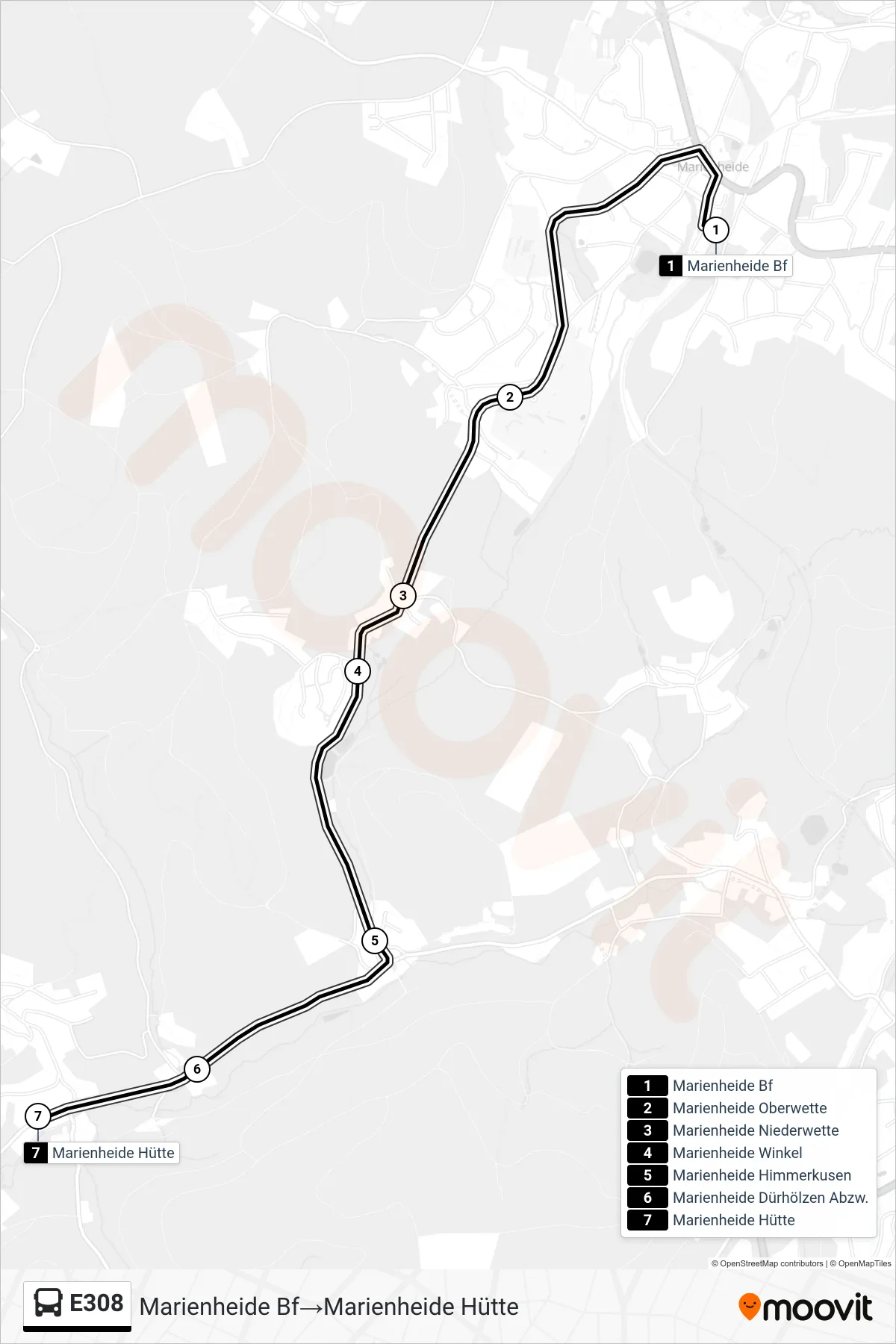 Linie E308 (Bus) Richtung Marienheide Bf→Marienheide Hütte: Route und Haltestellen auf der Karte