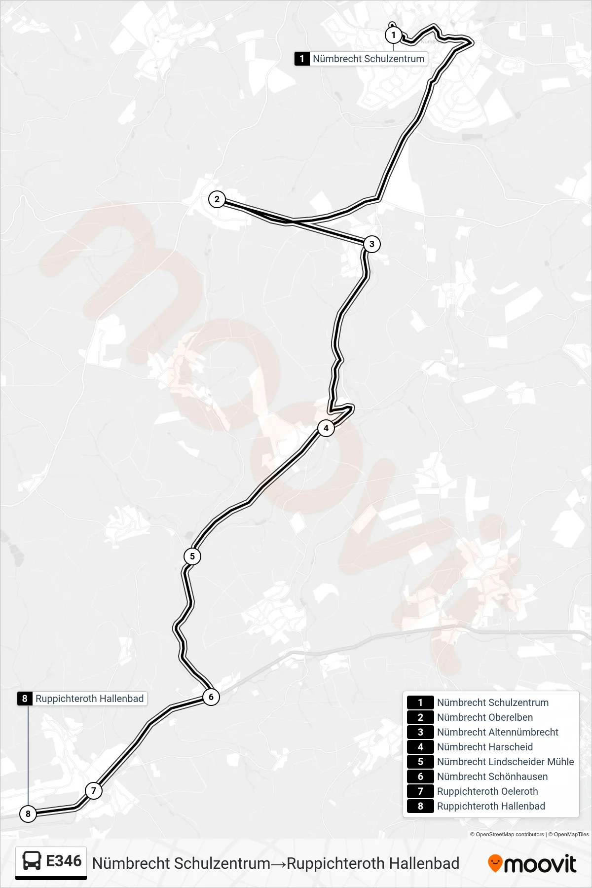 Linie E346 (Bus) Richtung Nümbrecht Schulzentrum→Ruppichteroth Hallenbad: Route und Haltestellen auf der Karte