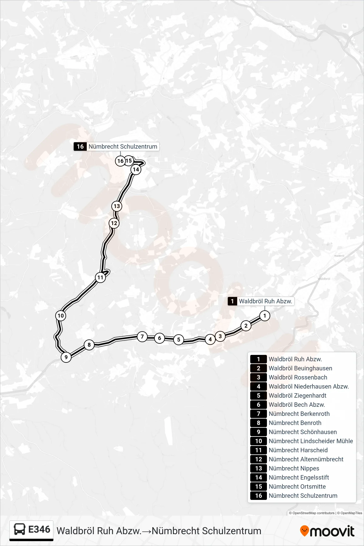 Linie E346 (Bus) Richtung Waldbröl Ruh Abzw.→Nümbrecht Schulzentrum: Route und Haltestellen auf der Karte