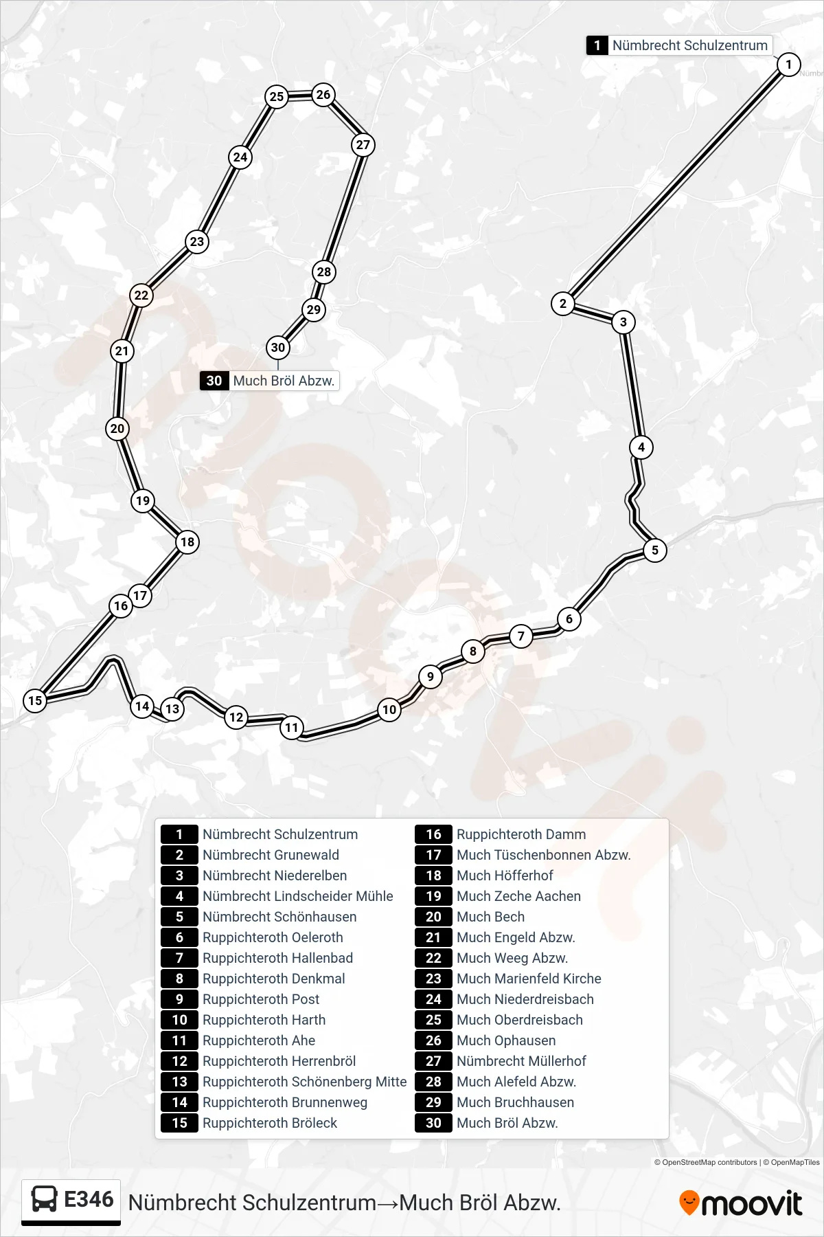 Linie E346 (Bus) Richtung Nümbrecht Schulzentrum→Much Bröl Abzw.: Route und Haltestellen auf der Karte