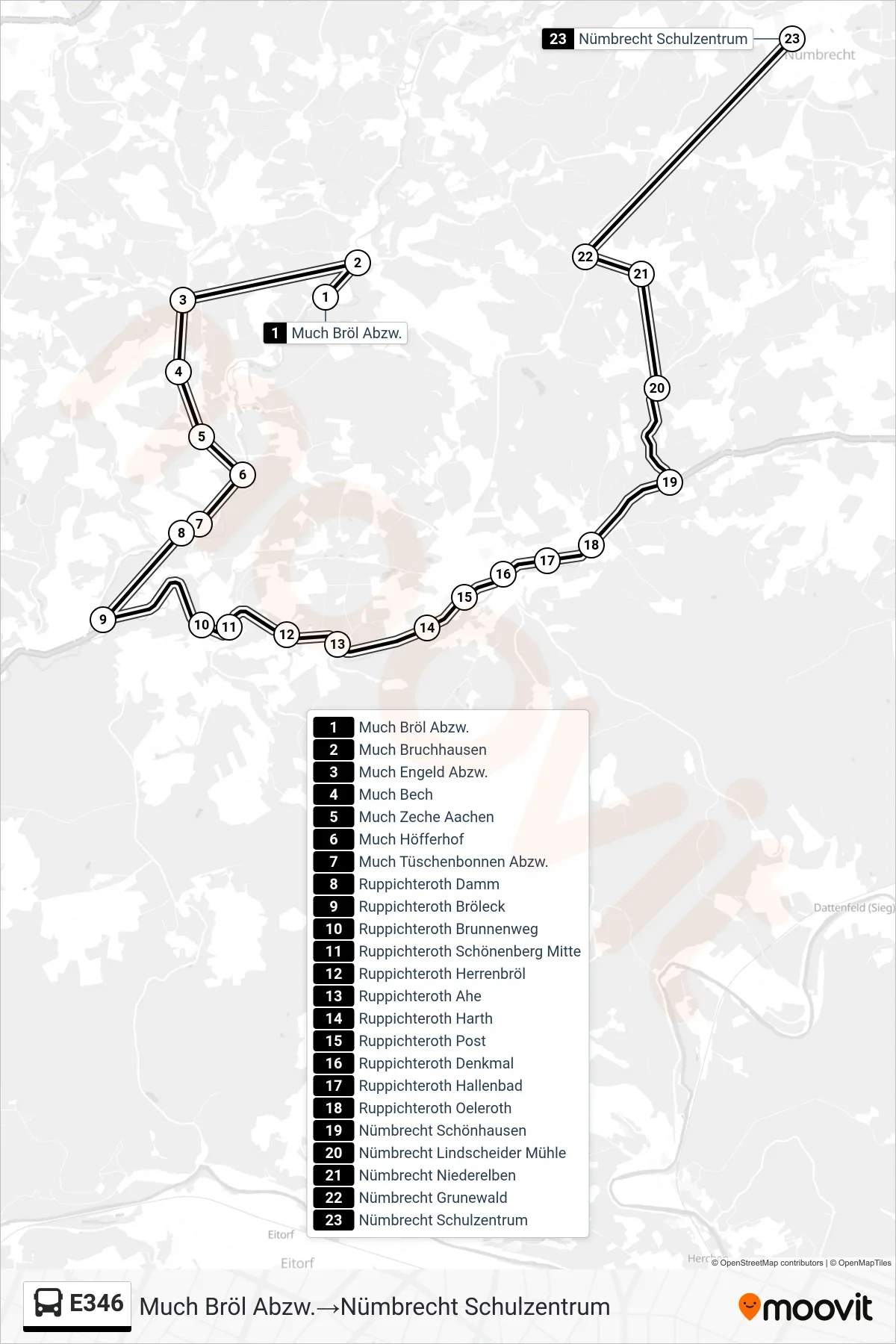 Linie E346 (Bus) Richtung Much Bröl Abzw.→Nümbrecht Schulzentrum: Route und Haltestellen auf der Karte