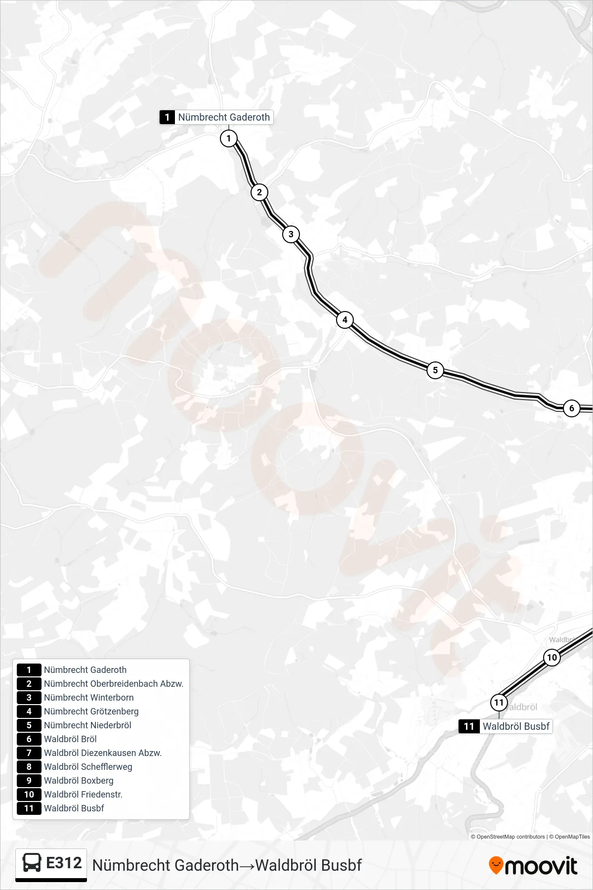 Linie E312 (Bus) Richtung Nümbrecht Gaderoth→Waldbröl Busbf: Route und Haltestellen auf der Karte