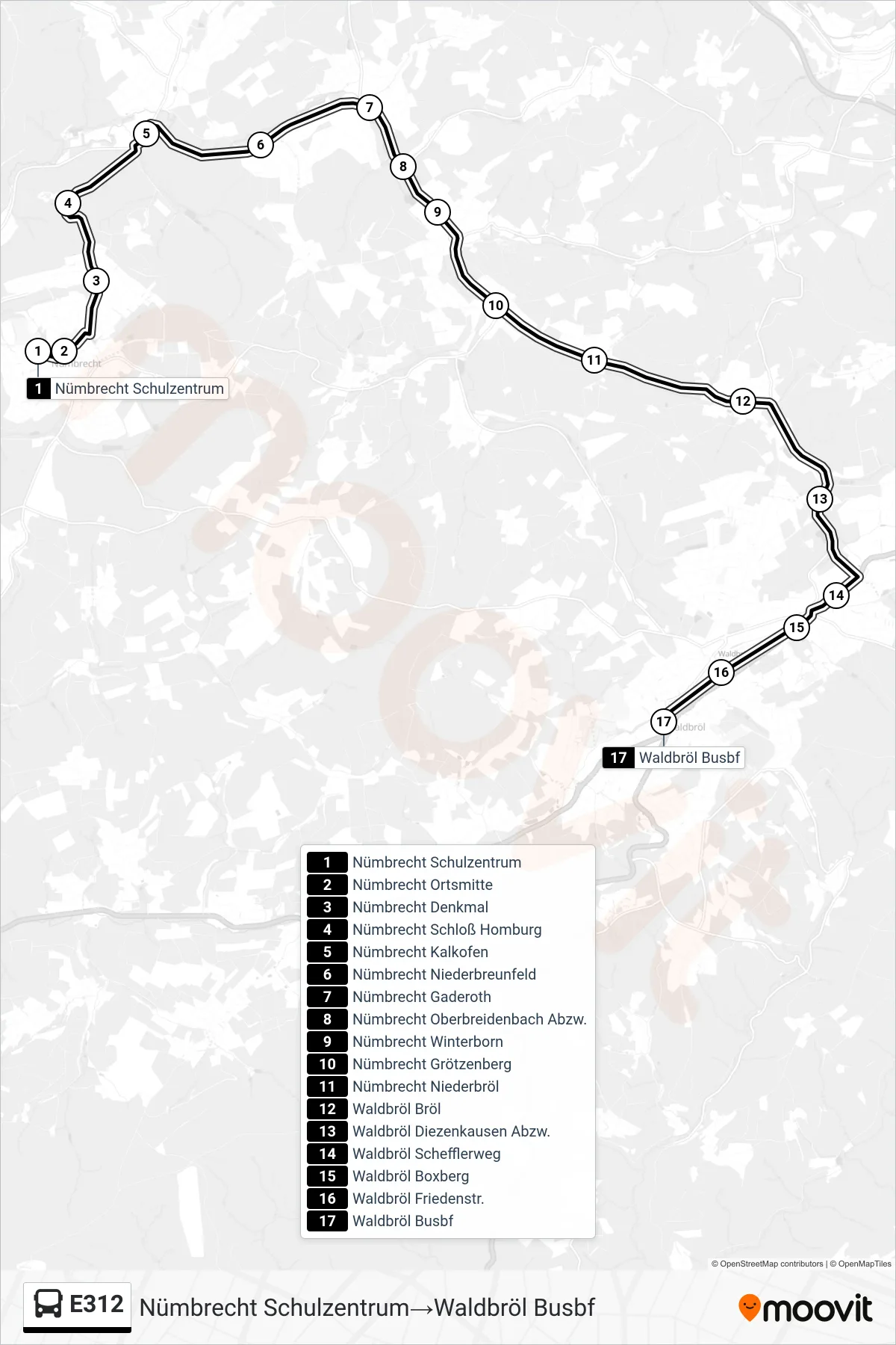 Linie E312 (Bus) Richtung Nümbrecht Schulzentrum→Waldbröl Busbf: Route und Haltestellen auf der Karte