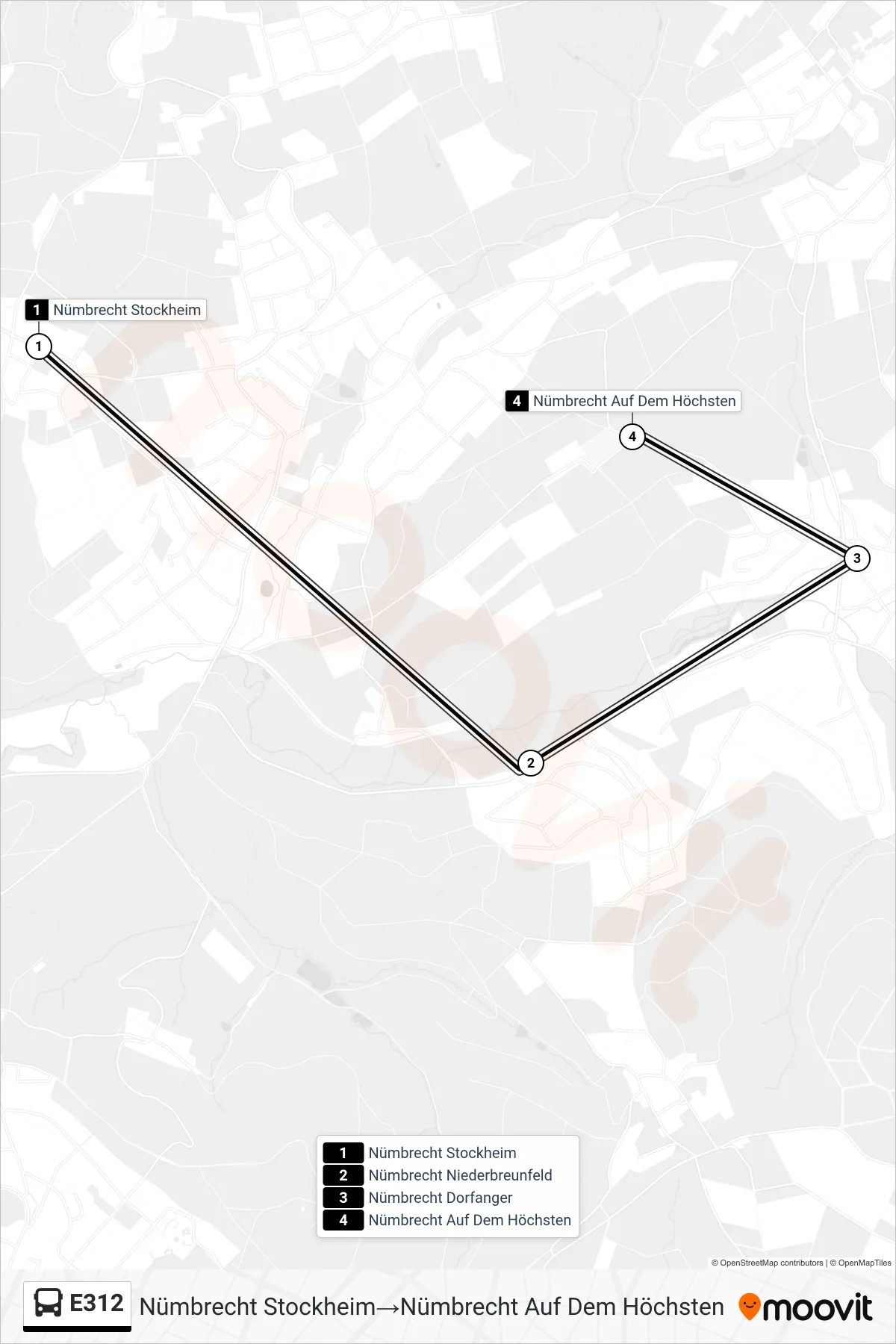 Linie E312 (Bus) Richtung Nümbrecht Stockheim→Nümbrecht Auf Dem Höchsten: Route und Haltestellen auf der Karte