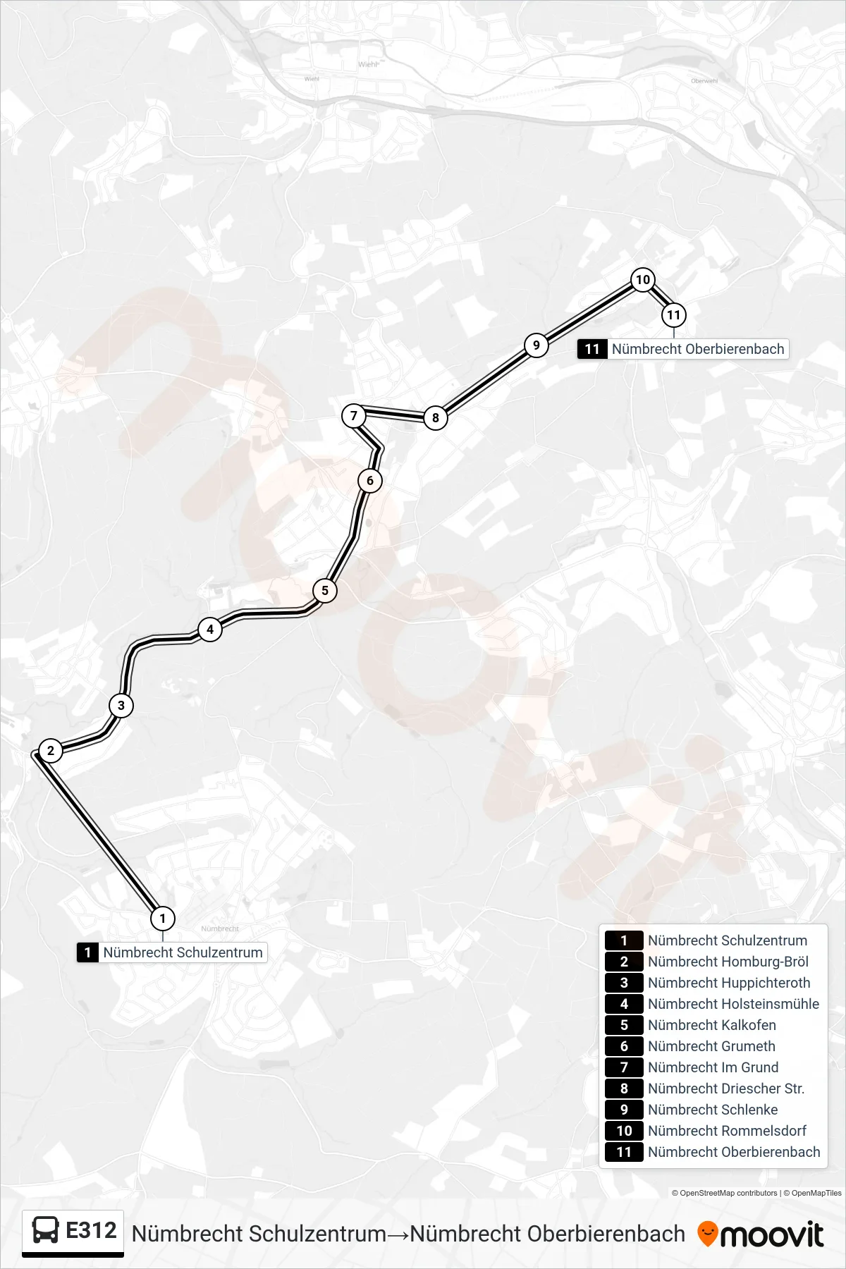Linie E312 (Bus) Richtung Nümbrecht Schulzentrum→Nümbrecht Oberbierenbach: Route und Haltestellen auf der Karte