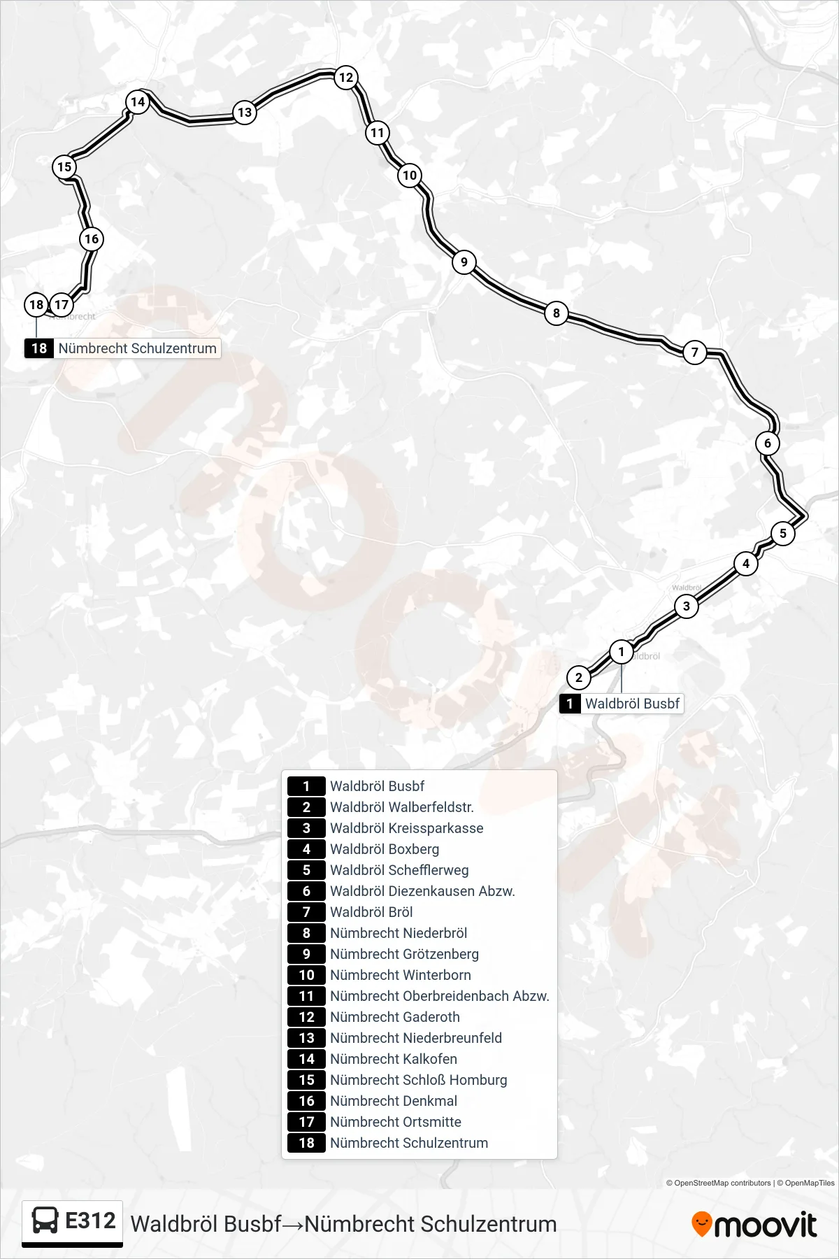 Linie E312 (Bus) Richtung Waldbröl Busbf→Nümbrecht Schulzentrum: Route und Haltestellen auf der Karte