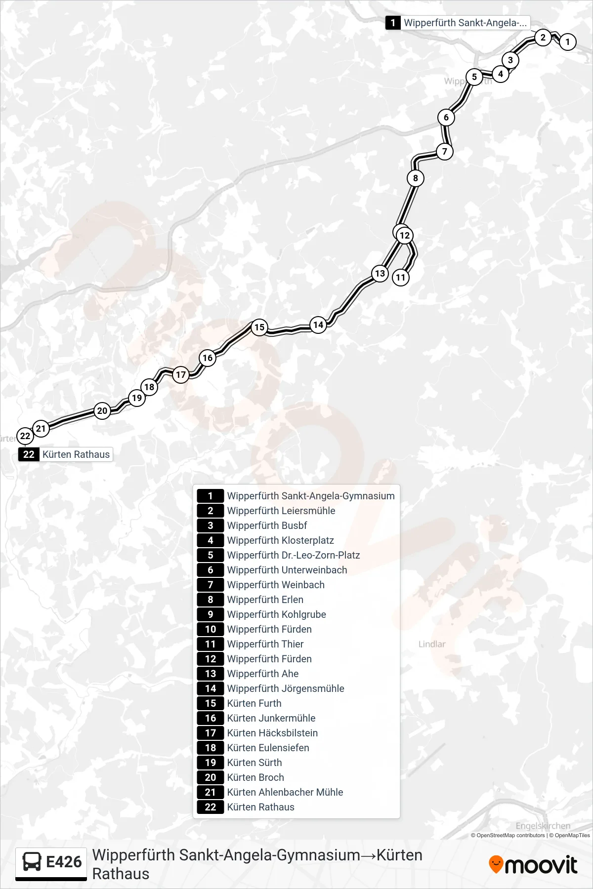 Linie E426 (Bus) Richtung Wipperfürth Sankt-Angela-Gymnasium→Kürten Rathaus: Route und Haltestellen auf der Karte