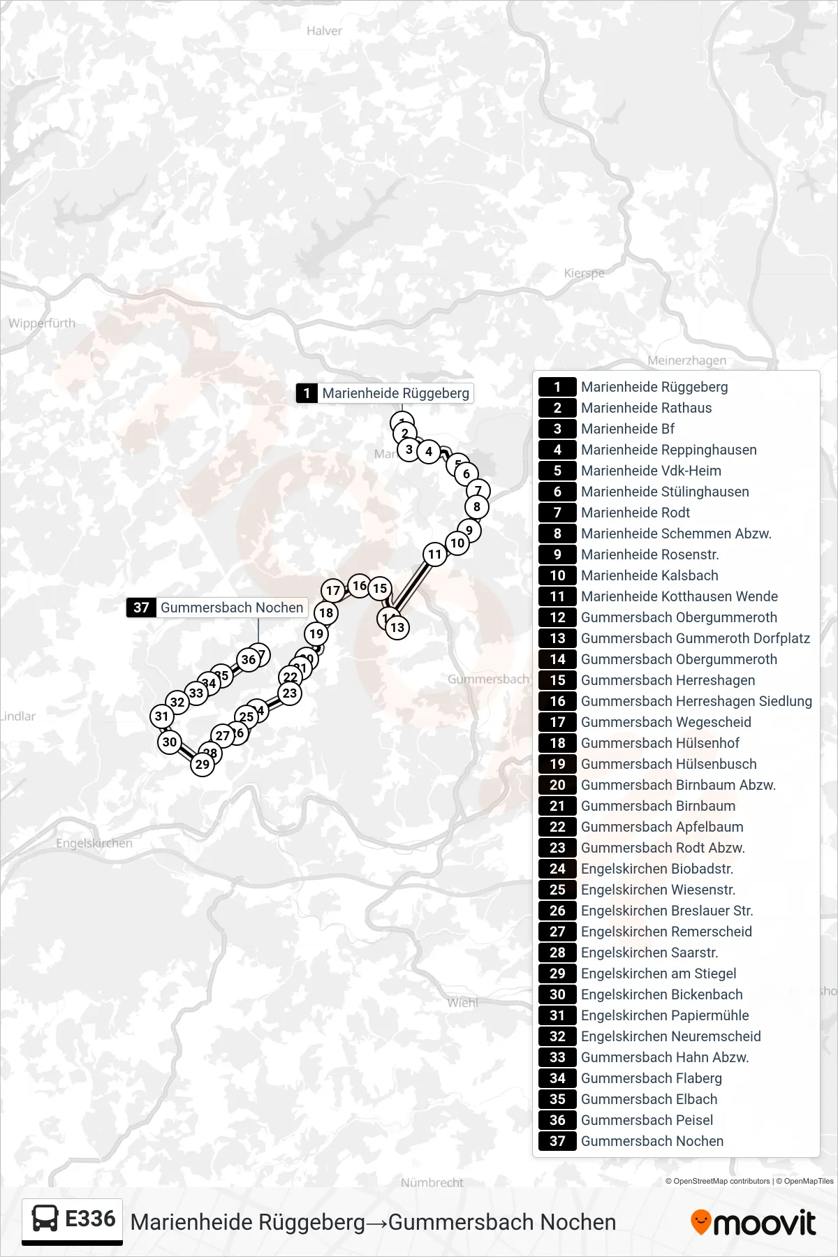 E336 bus Line (Marienheide Rüggeberg→Gummersbach Nochen) route and stops on a map