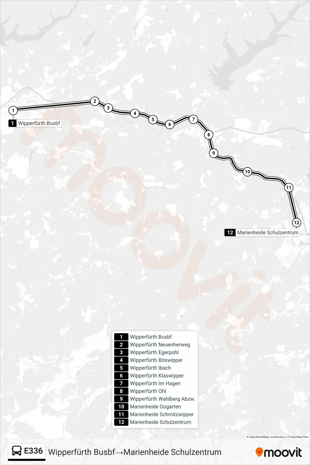 Linie E336 (Bus) Richtung Wipperfürth Busbf‎→Marienheide Schulzentrum: Route und Haltestellen auf der Karte