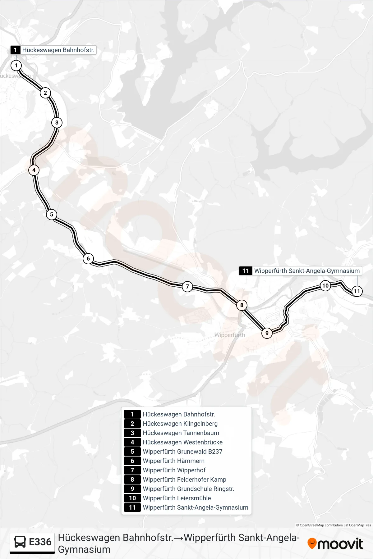 Linie E336 (Bus) Richtung Hückeswagen Bahnhofstr.→Wipperfürth Sankt-Angela-Gymnasium: Route und Haltestellen auf der Karte