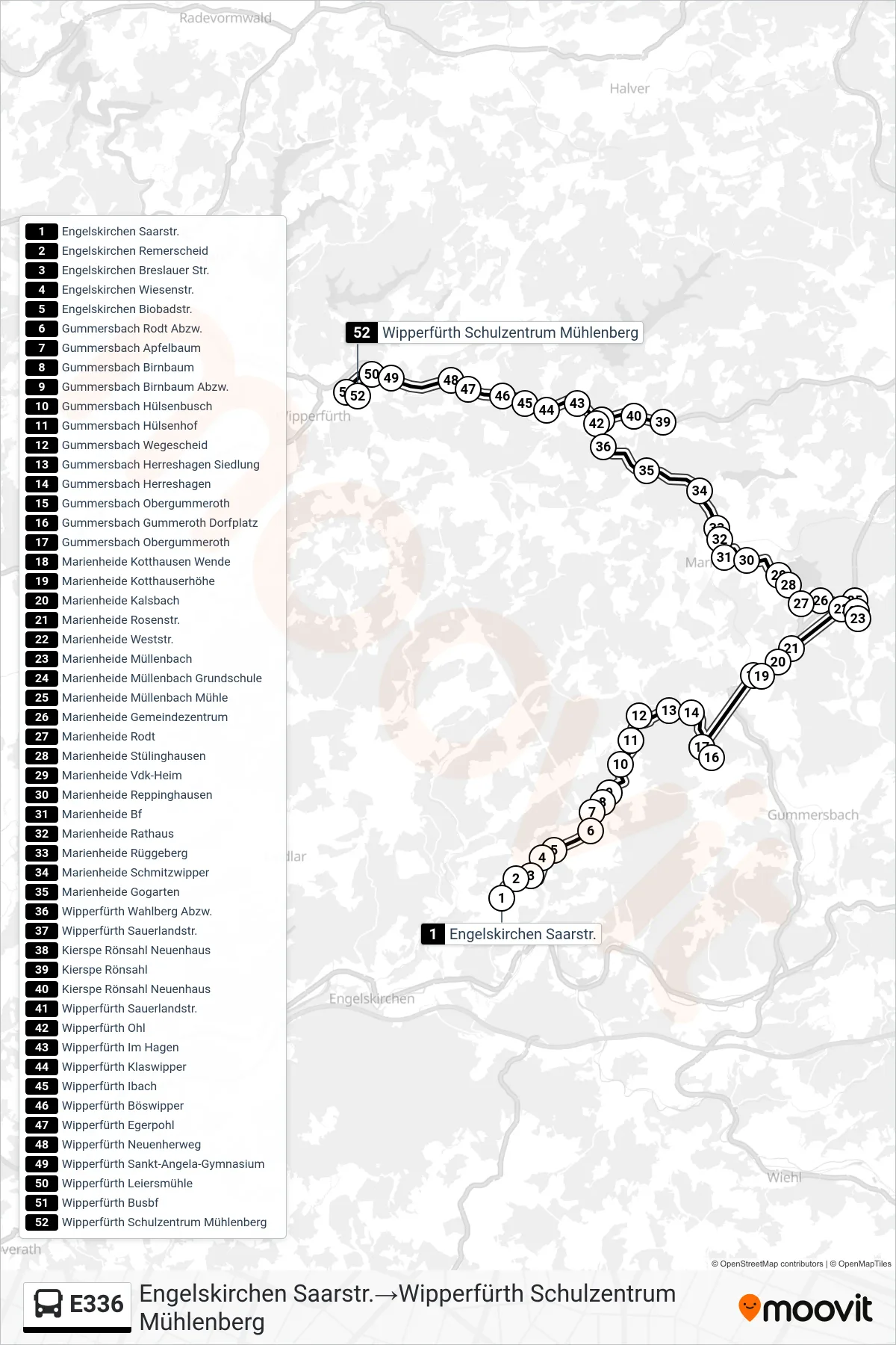 E336 bus Line (Engelskirchen Saarstr.‎→Wipperfürth Schulzentrum Mühlenberg) route and stops on a map
