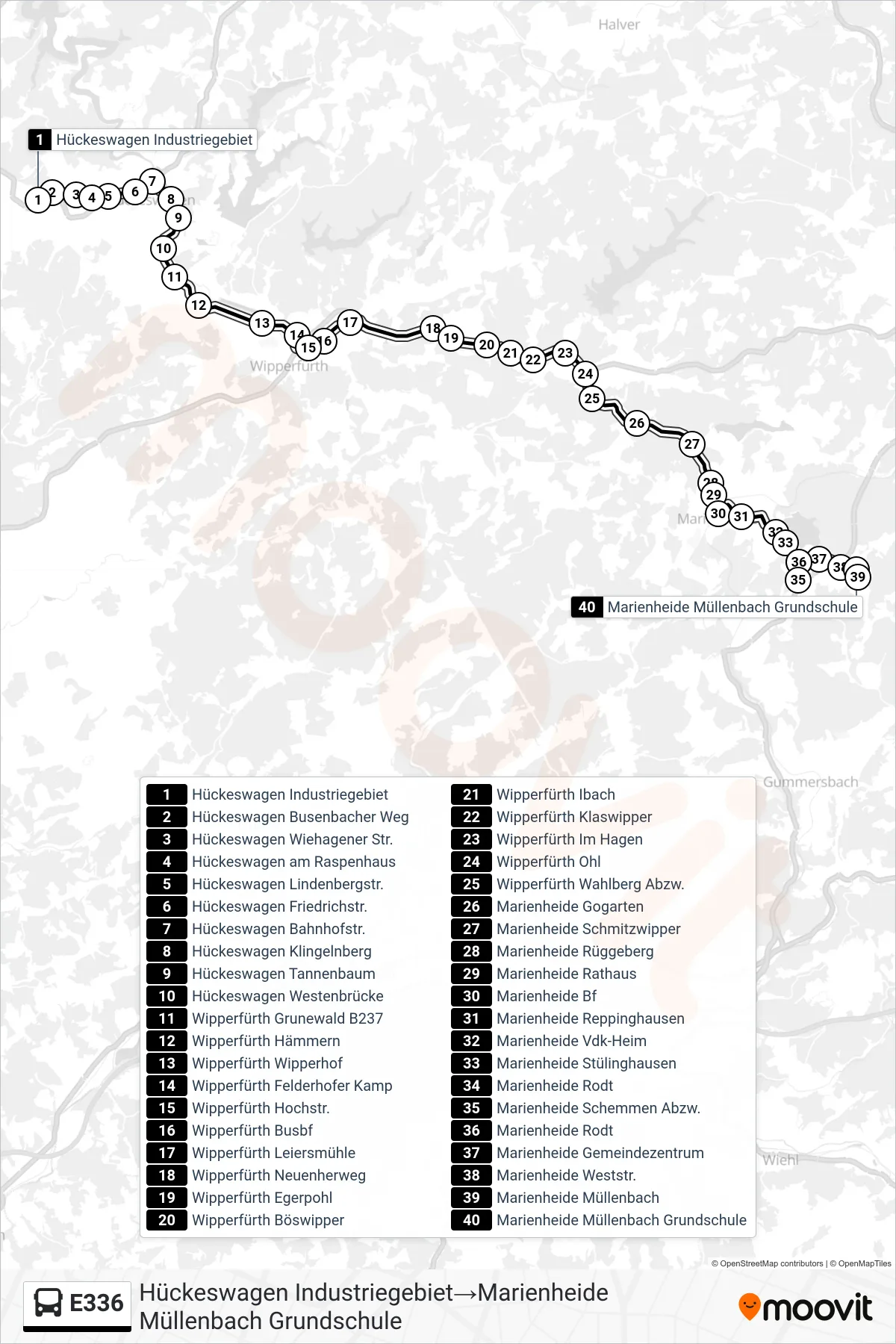 Linie E336 (Bus) Richtung Hückeswagen Industriegebiet→Marienheide Müllenbach Grundschule: Route und Haltestellen auf der Karte