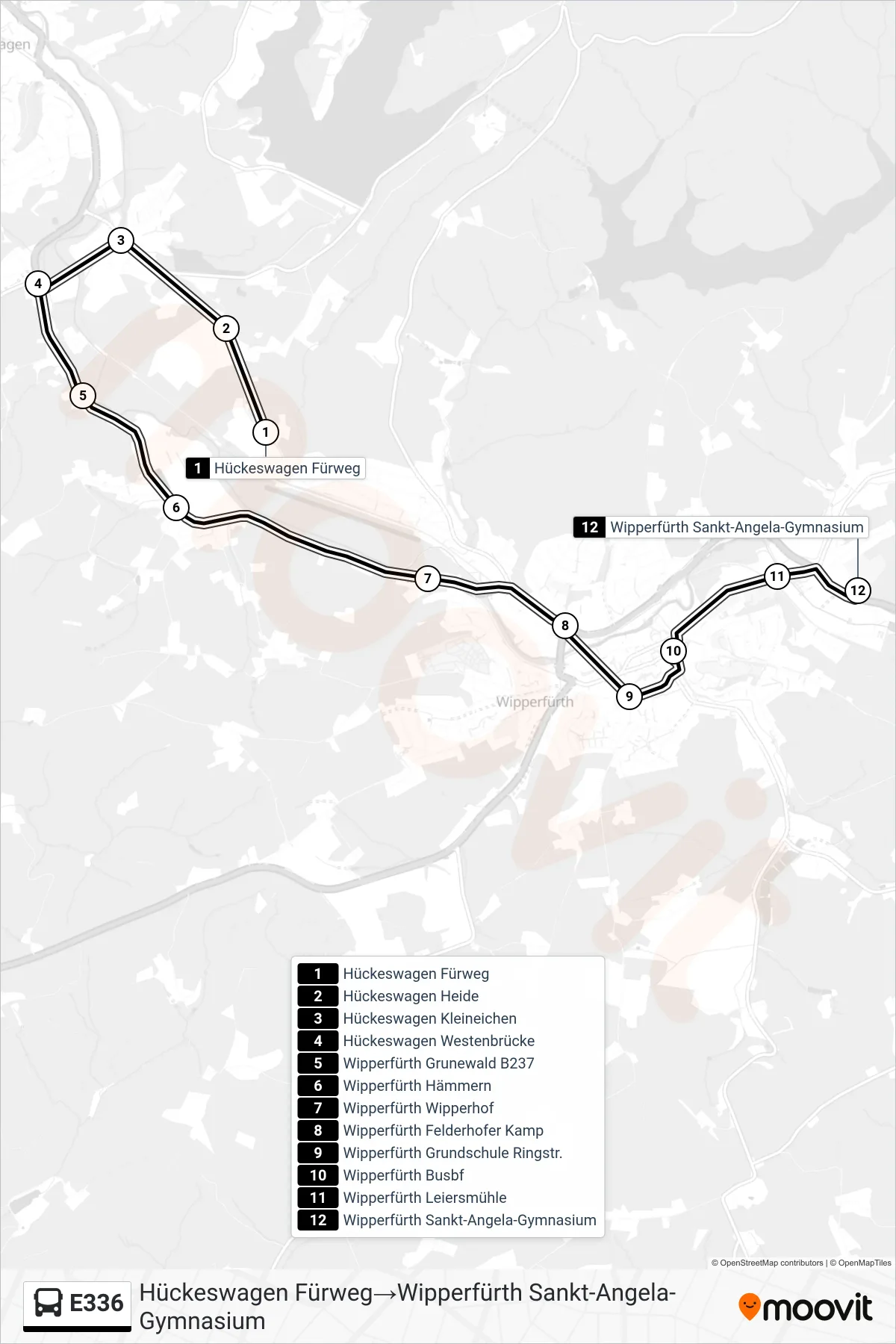 Linie E336 (Bus) Richtung Hückeswagen Fürweg→Wipperfürth Sankt-Angela-Gymnasium: Route und Haltestellen auf der Karte