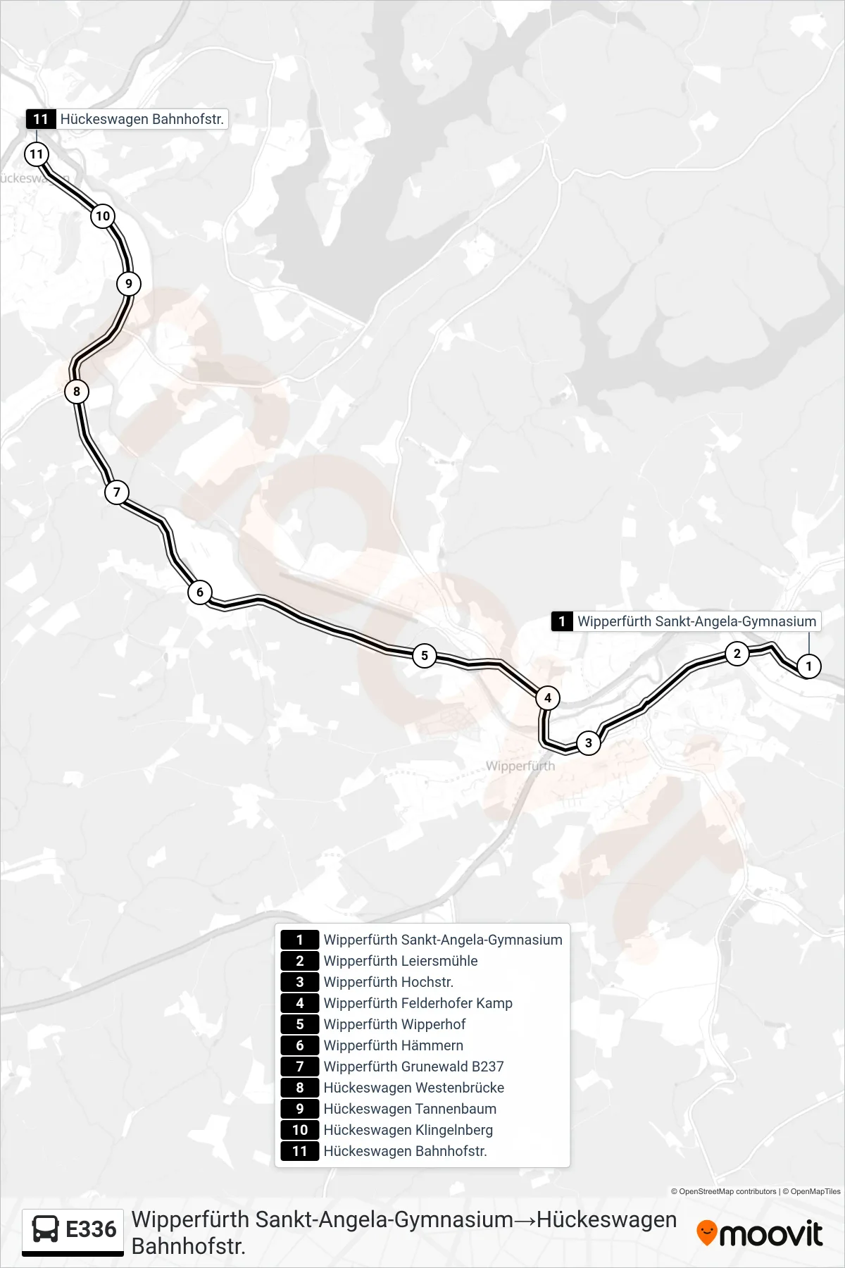 Linie E336 (Bus) Richtung Wipperfürth Sankt-Angela-Gymnasium→Hückeswagen Bahnhofstr.: Route und Haltestellen auf der Karte