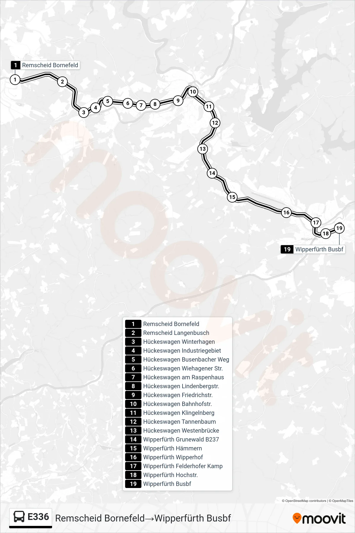 Linie E336 (Bus) Richtung Remscheid Bornefeld→Wipperfürth Busbf: Route und Haltestellen auf der Karte