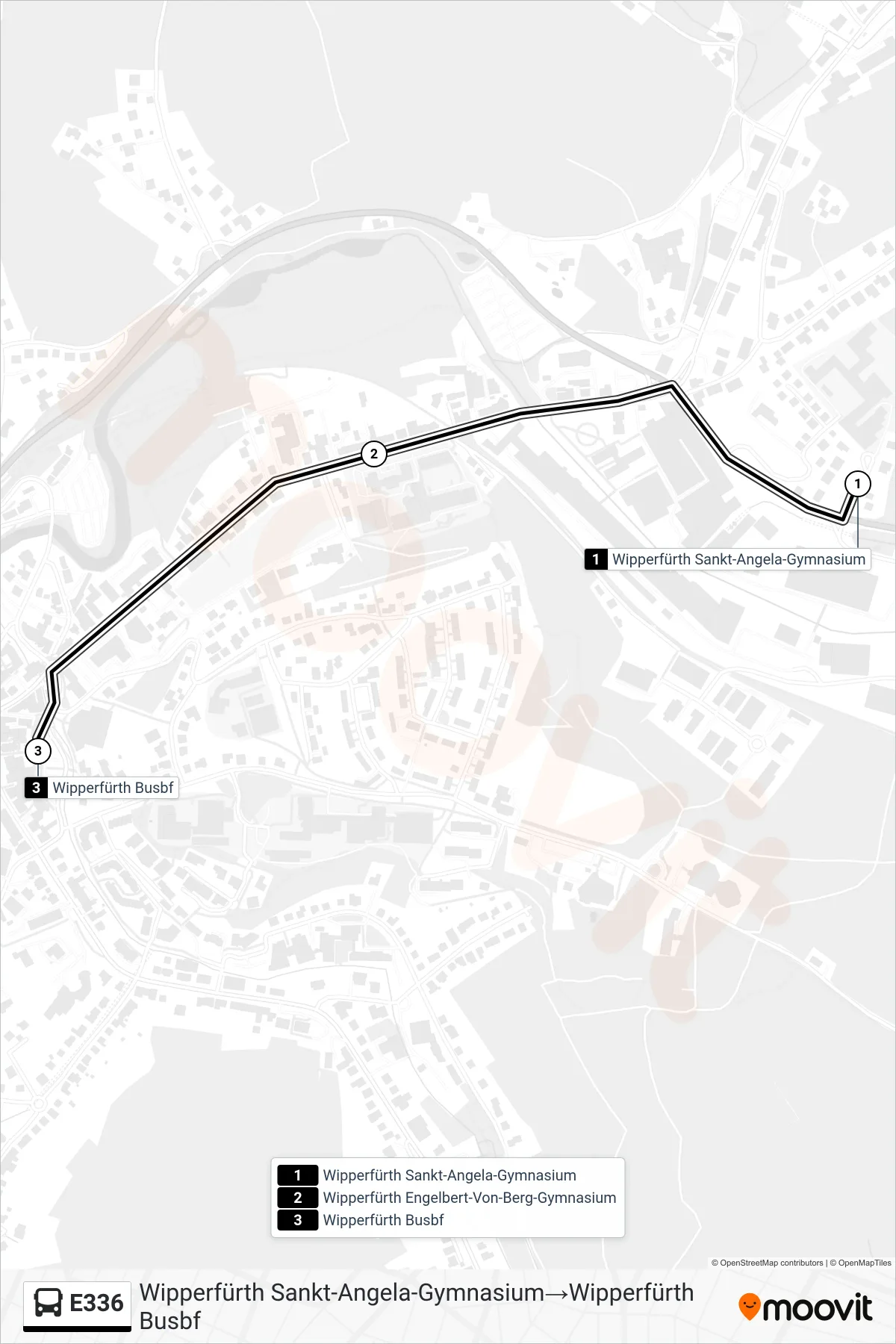 Linie E336 (Bus) Richtung Wipperfürth Sankt-Angela-Gymnasium→Wipperfürth Busbf: Route und Haltestellen auf der Karte
