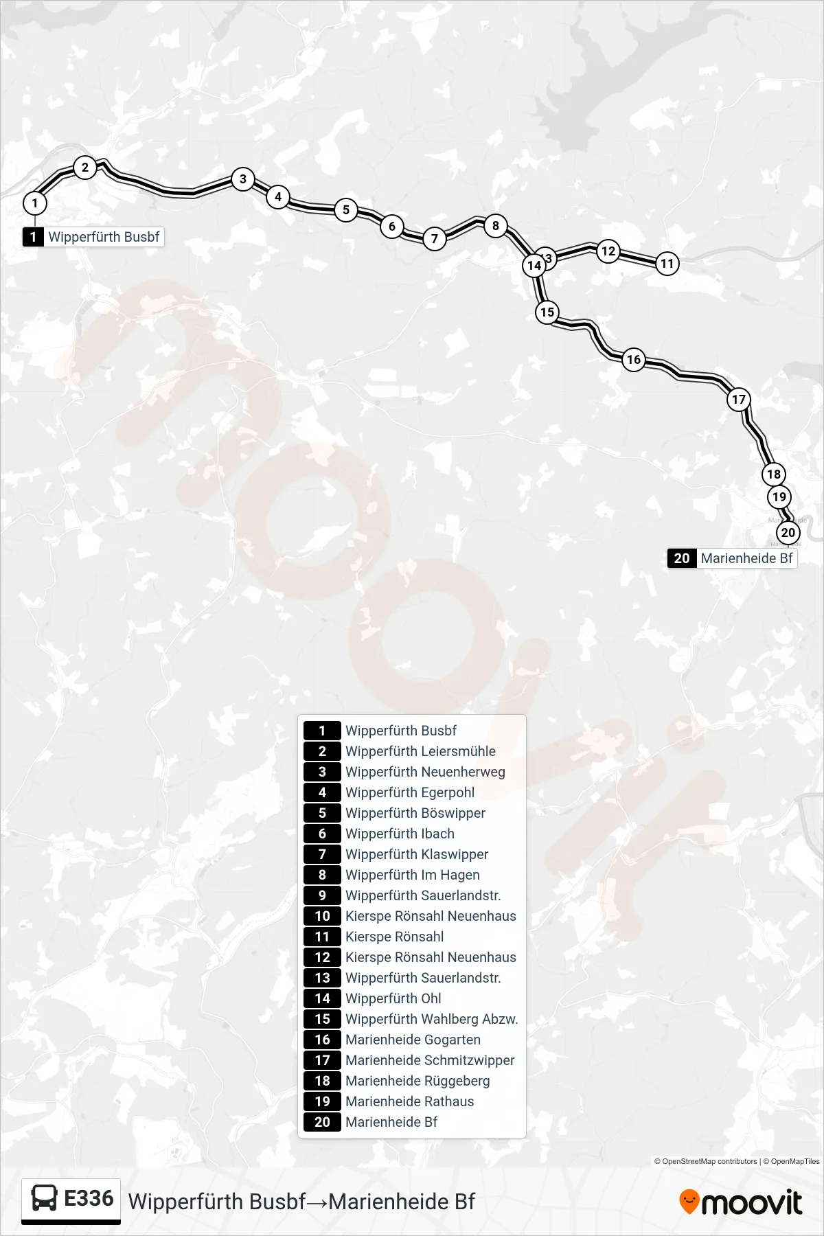 Linie E336 (Bus) Richtung Wipperfürth Busbf‎→Marienheide Bf: Route und Haltestellen auf der Karte