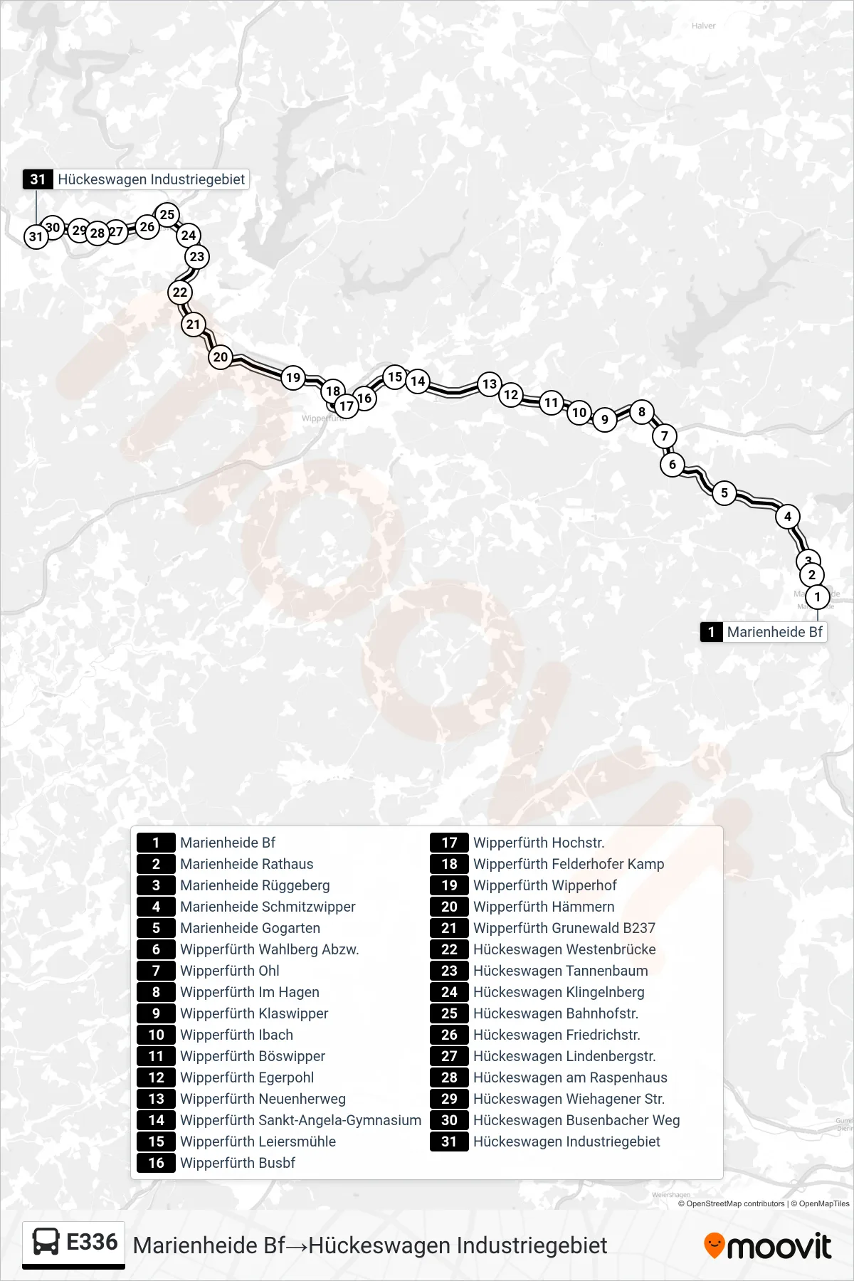 Linie E336 (Bus) Richtung Marienheide Bf→Hückeswagen Industriegebiet: Route und Haltestellen auf der Karte