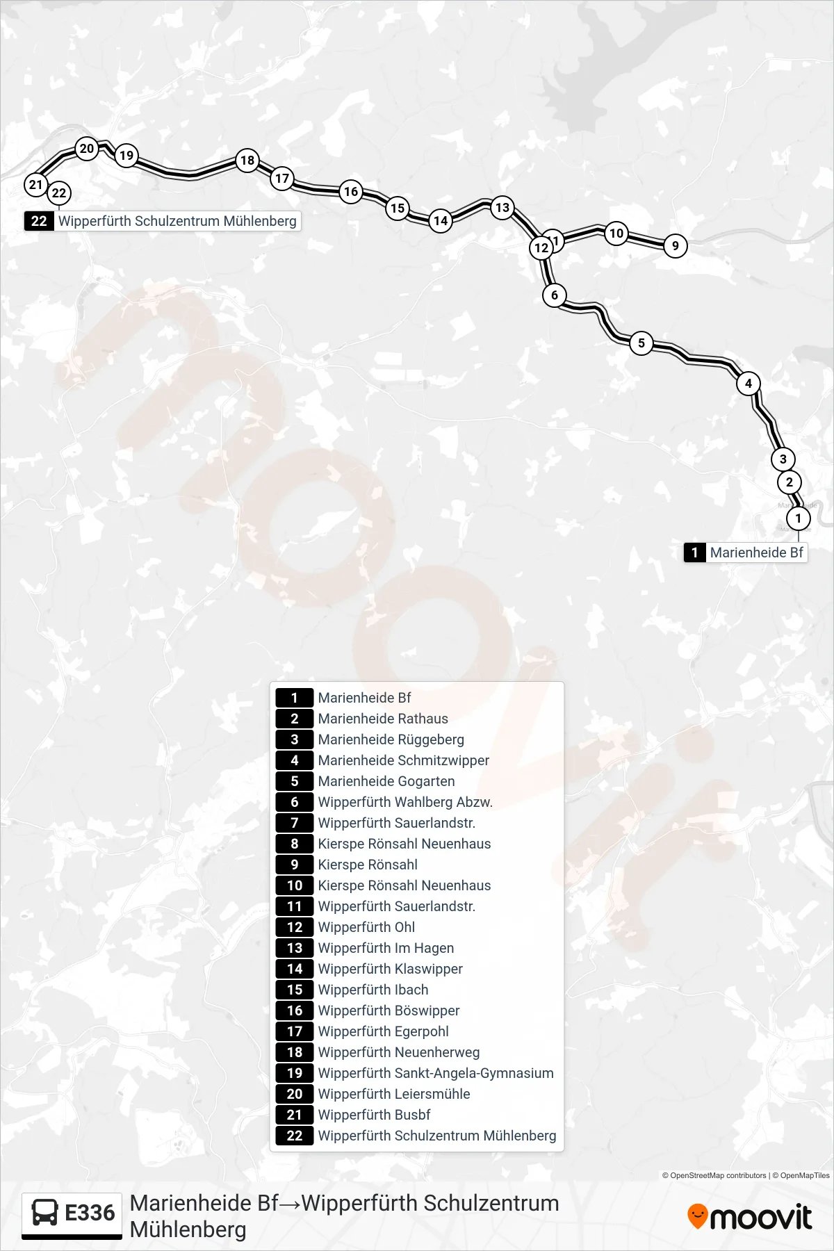 Linie E336 (Bus) Richtung Marienheide Bf‎→Wipperfürth Schulzentrum Mühlenberg: Route und Haltestellen auf der Karte