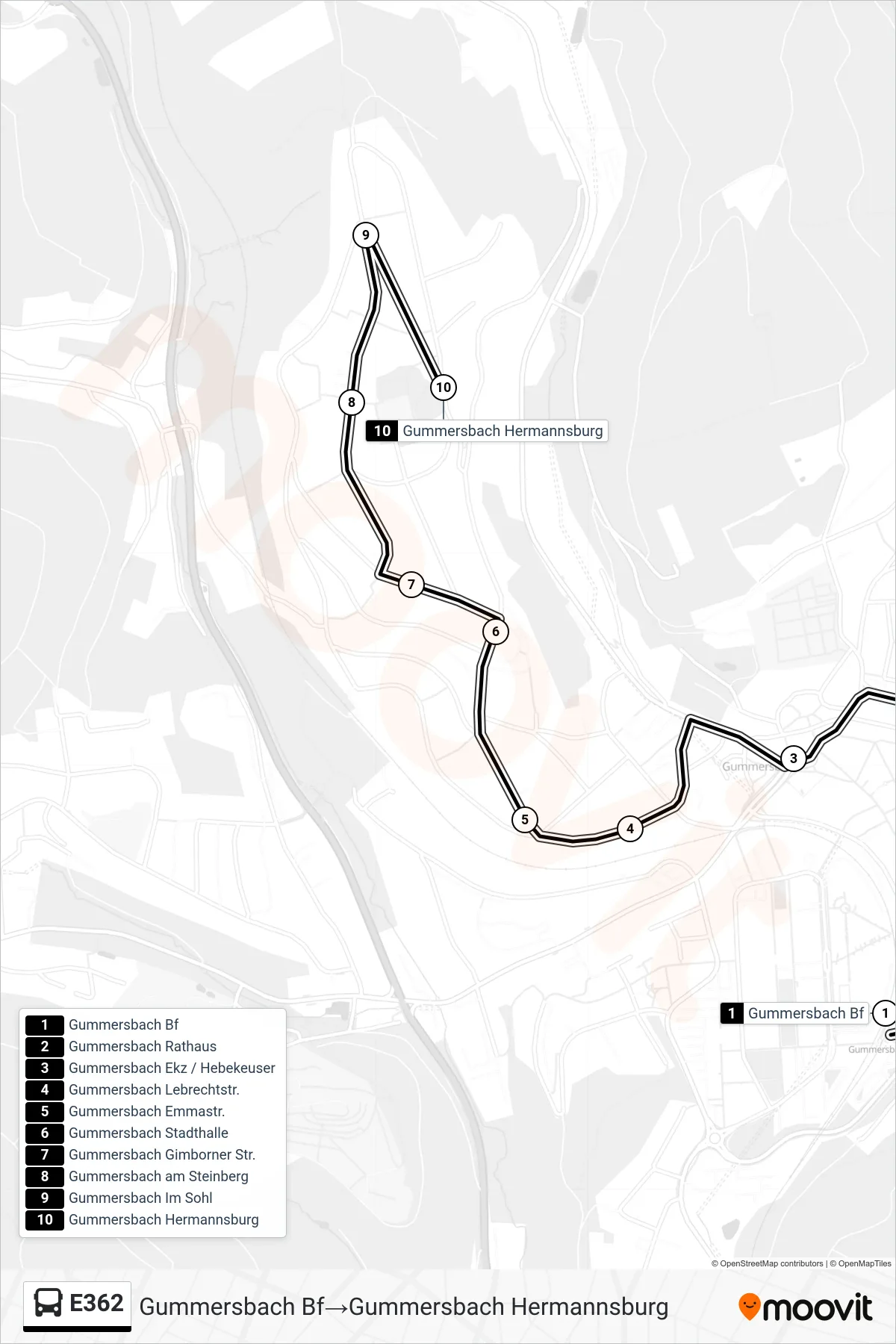 Linie E362 (Bus) Richtung Gummersbach Bf→Gummersbach Hermannsburg: Route und Haltestellen auf der Karte