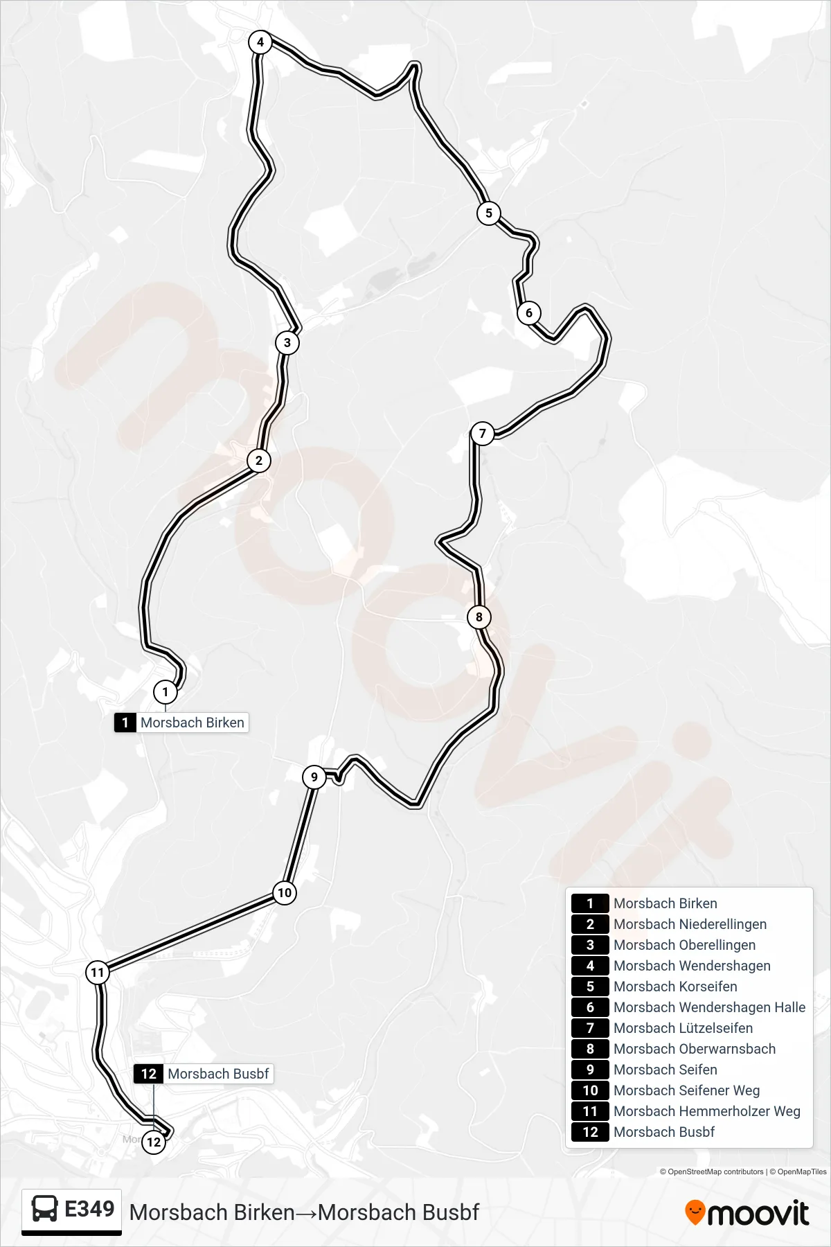 E349 bus Line (Morsbach Birken‎→Morsbach Busbf) route and stops on a map
